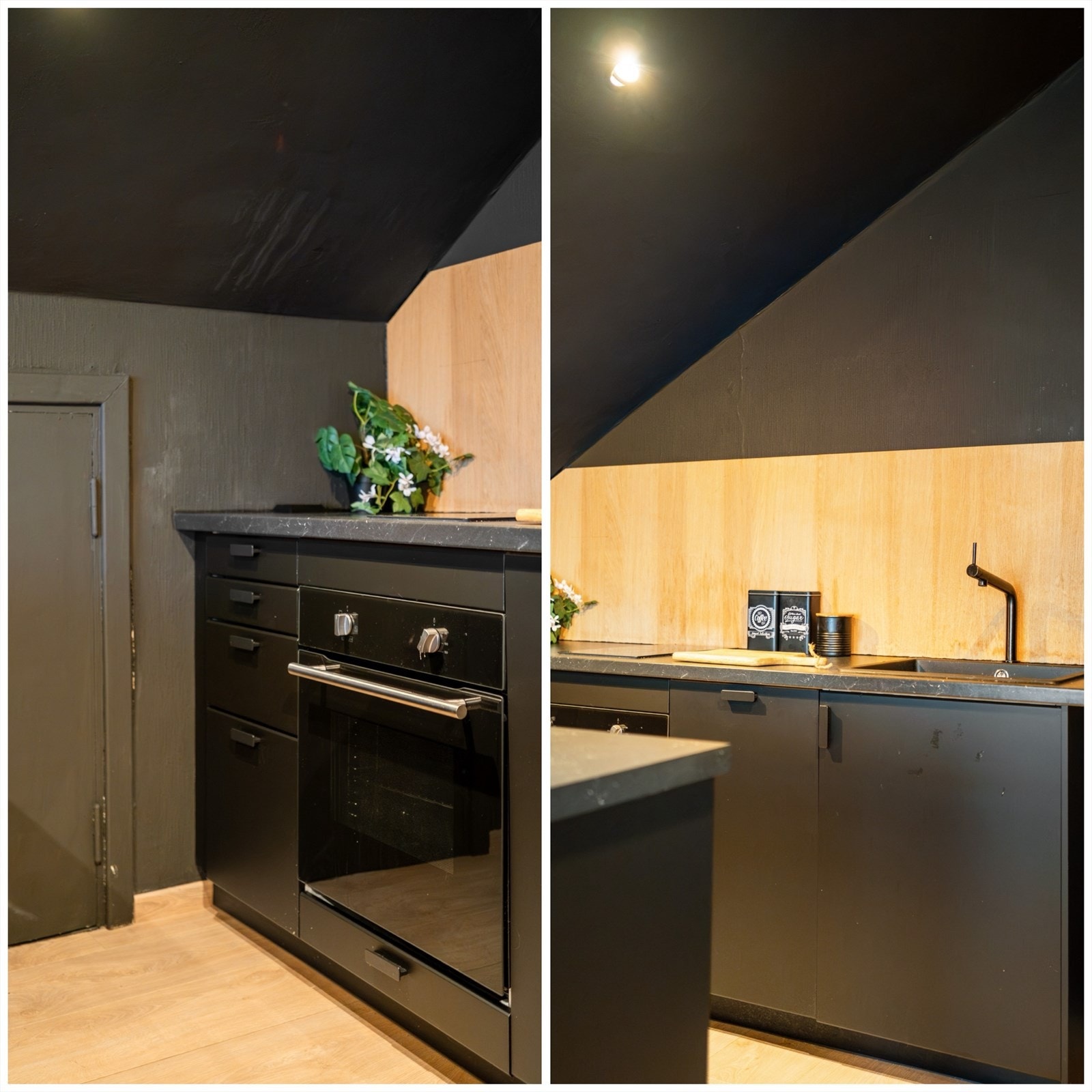 Platen over benken gir en fin kontrast til de ellers mørke tonene i rommet. Galleribilde