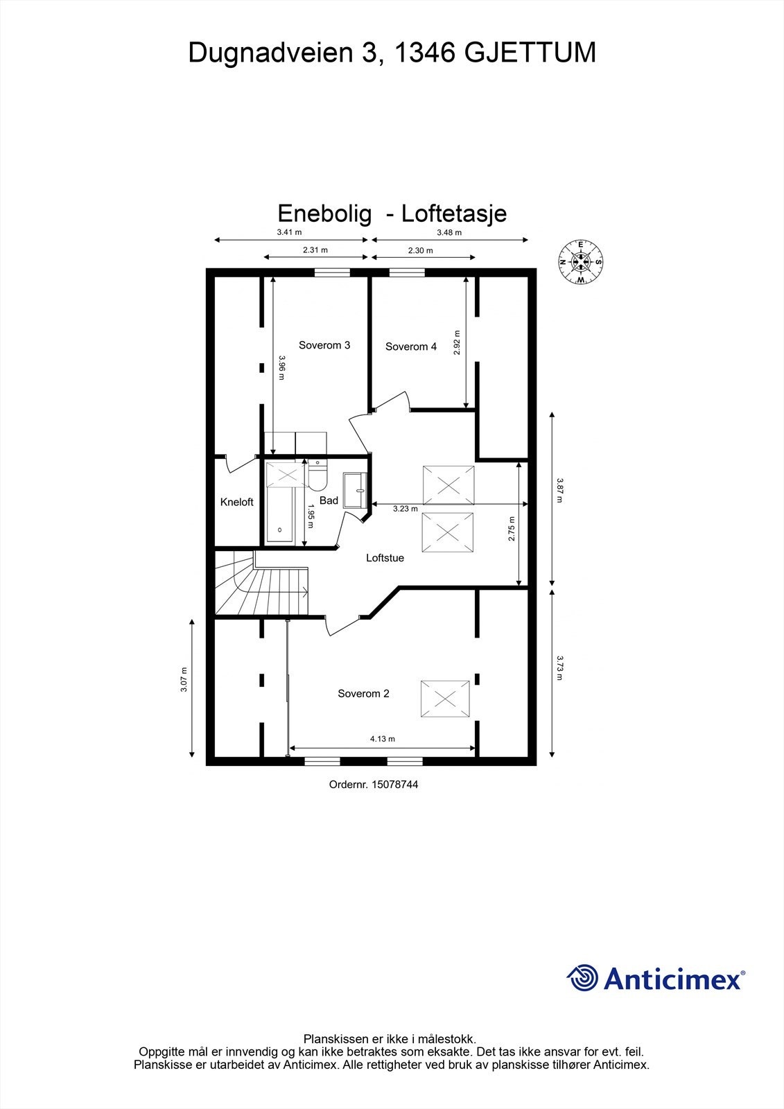 Plantegning - Loftetasje (Loftet er opprinnelig byggemeldt som loftsetasje med mulighet for innredning av ett rom i hver gavl. Loftstue og deler av soverommene er derfor ikke godkjent til varig opphold) Galleribilde