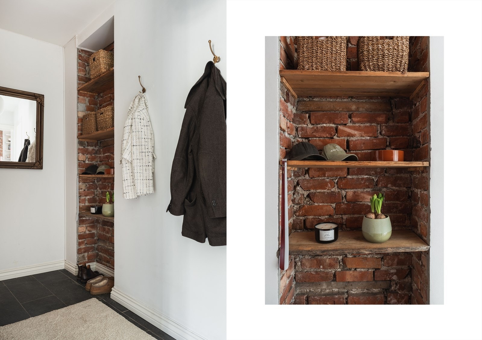 Fin nisje med hyller og synlig teglstein i gang. Galleribilde