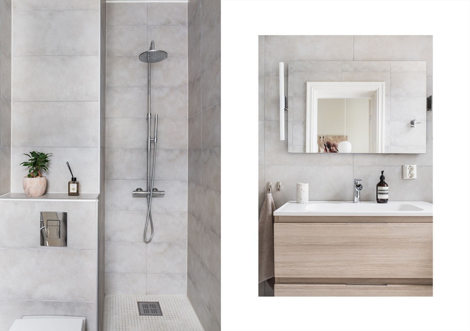 Romslig servantinnredning, regnfallsdusj og vegghengt toalett. Galleribilde