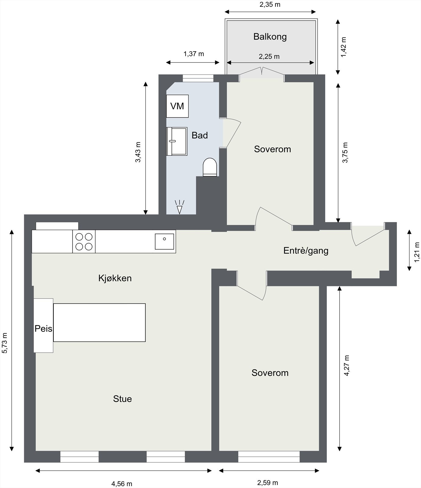Alternativ plantegning med to soverom. Galleribilde