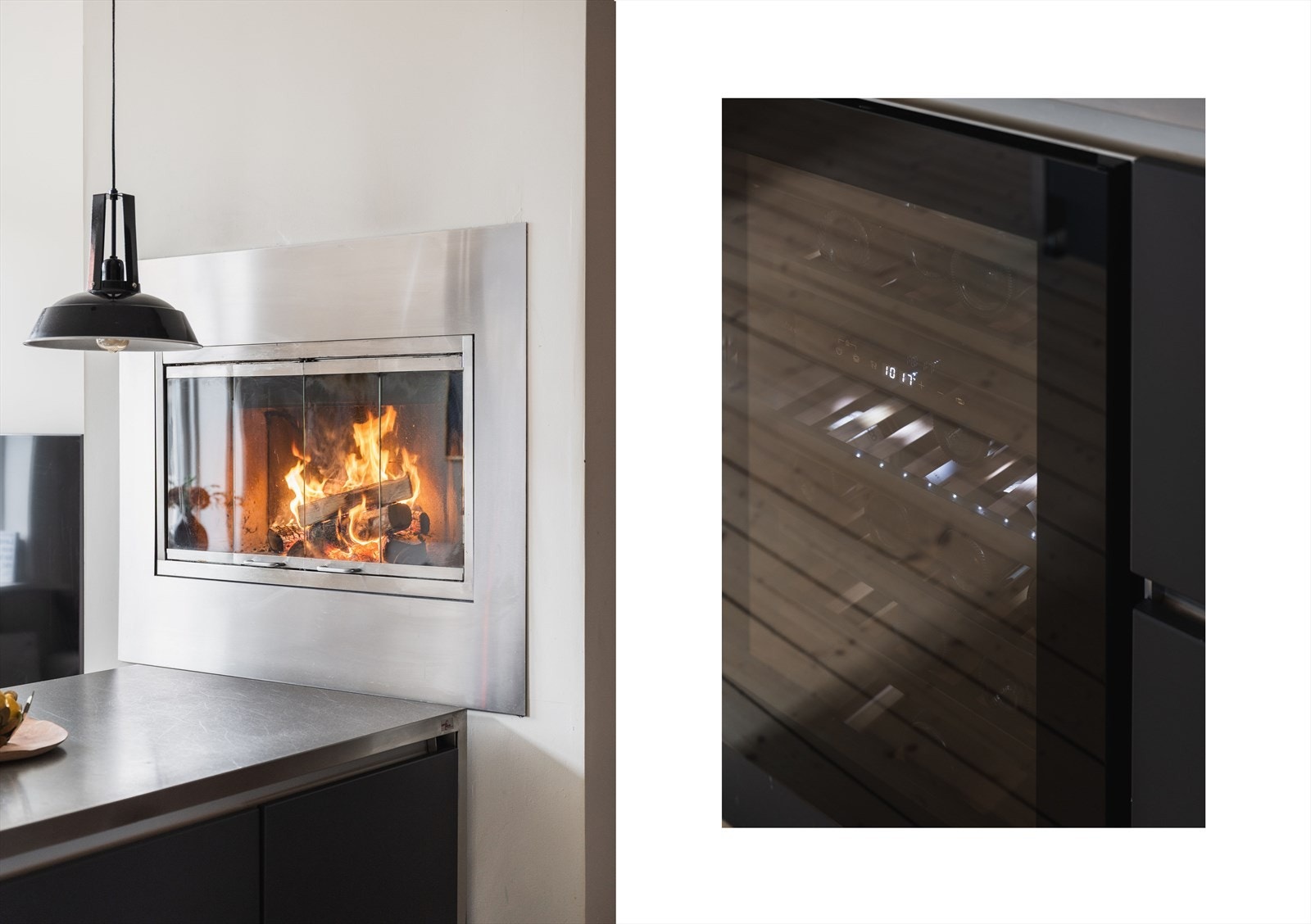 Koselig peis og vinskap. Vinskap satt inn i 2025 fra Temptech Sommelier som medfølger. Galleribilde