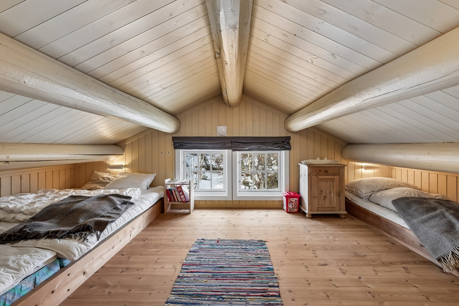 i tillegg til tre soverom innehar hytta også en hems med potensielle sengeplasser, denne er også ypperlig til lekerom og evt. lagring. Galleribilde