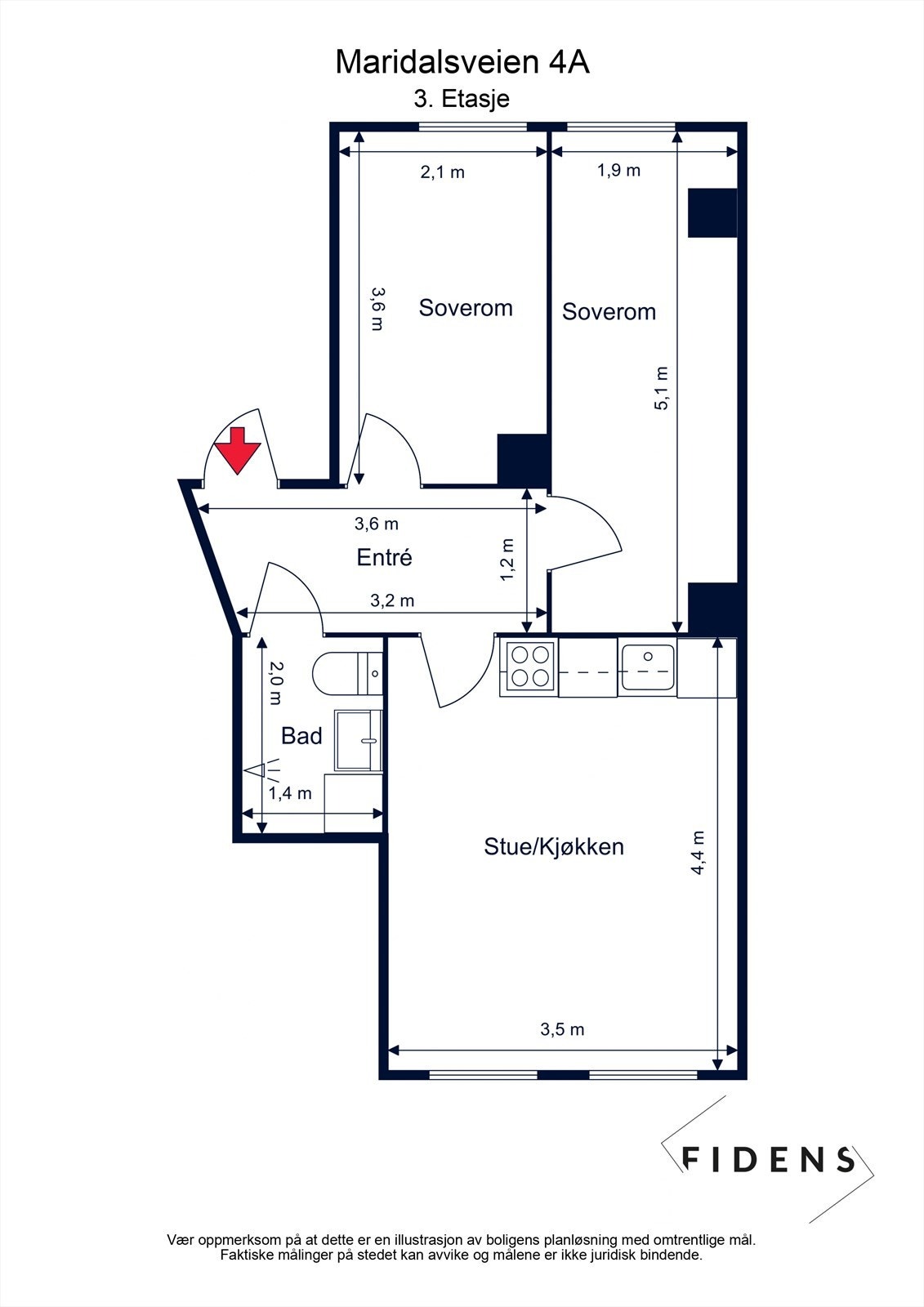 Leiligheten på 43 m² har en arealeffektiv planløsning med entré, bad, stue med kjøkken og to soverom. Galleribilde