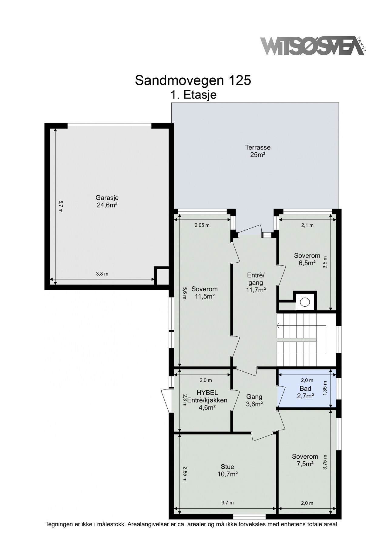 Videre ned i 1. etasje finner man soverommene i hoveddelen og den ene hybelen. Galleribilde