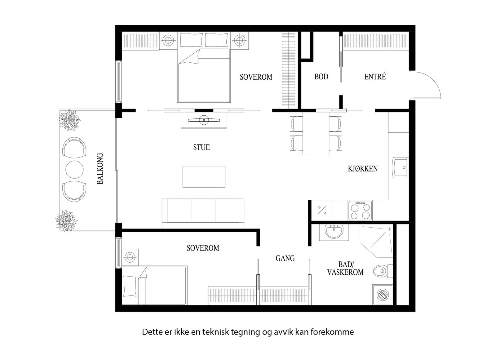 Planløsning for leiligheten - meget innholdsrik og praktisk innredet. Galleribilde