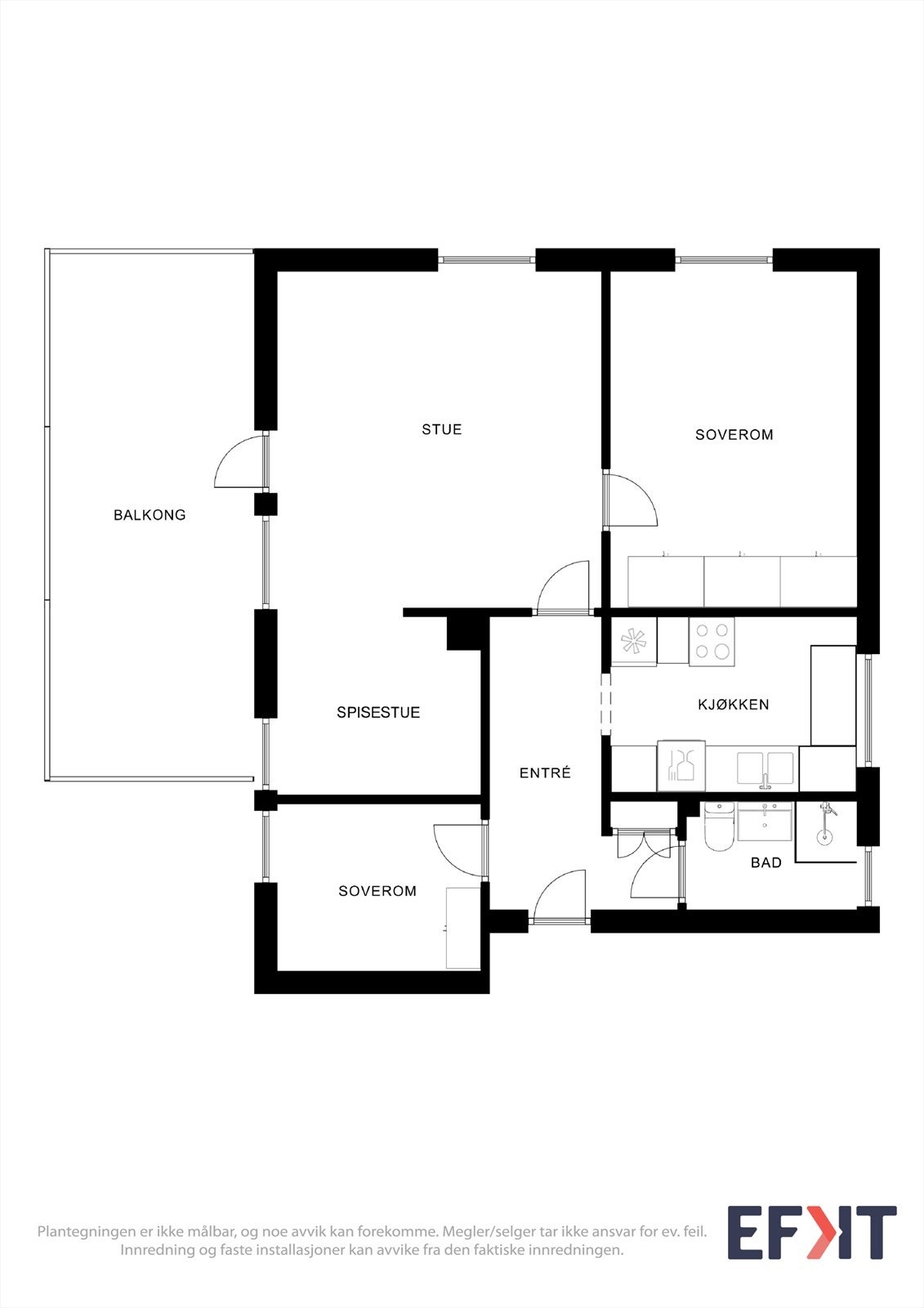 Leiligheten har en effektiv planløsning over 66 m² med to soverom, adskilt fra stue og kjøkken. Galleribilde