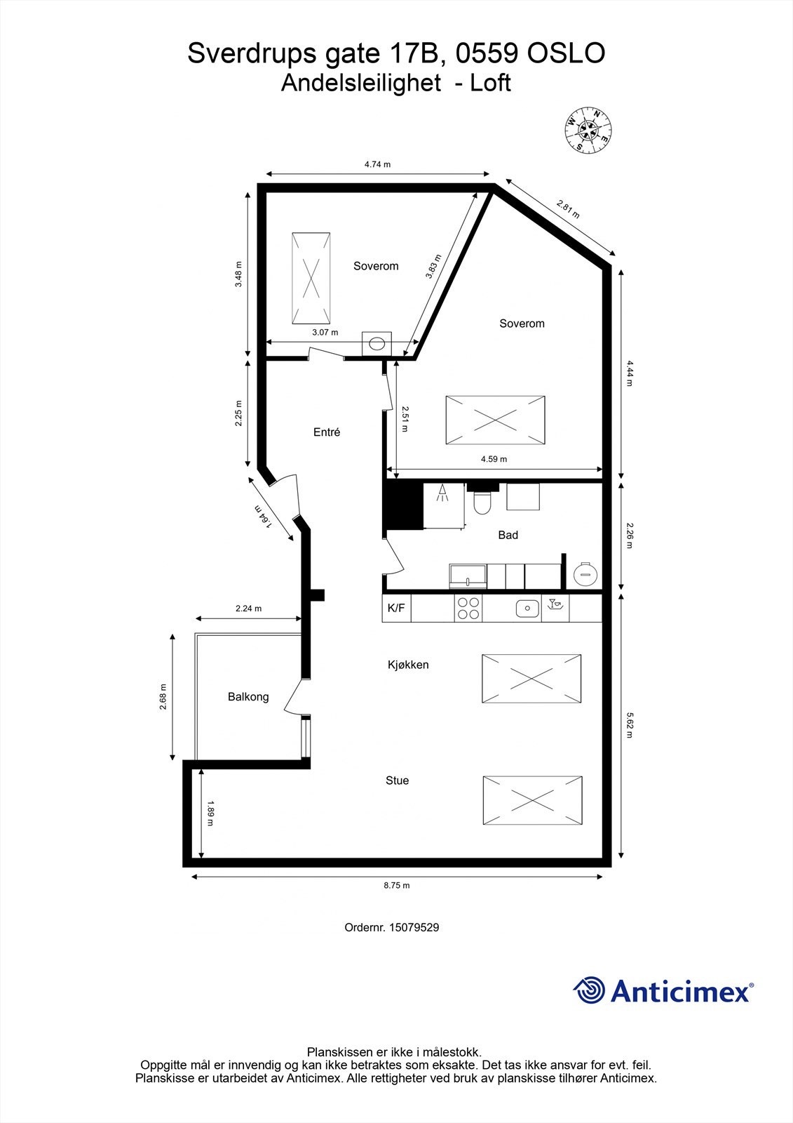 Leiligheten har en arealeffektiv planløsning med entré, to soverom, bad og åpen stue-kjøkkenløsning. Galleribilde