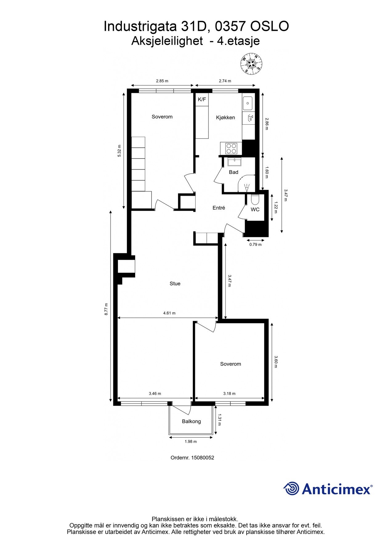 Plantegning: BRA-i: 81 kvm. Stue, kjøkken, to soverom, bad, toalettrom og entré. Galleribilde