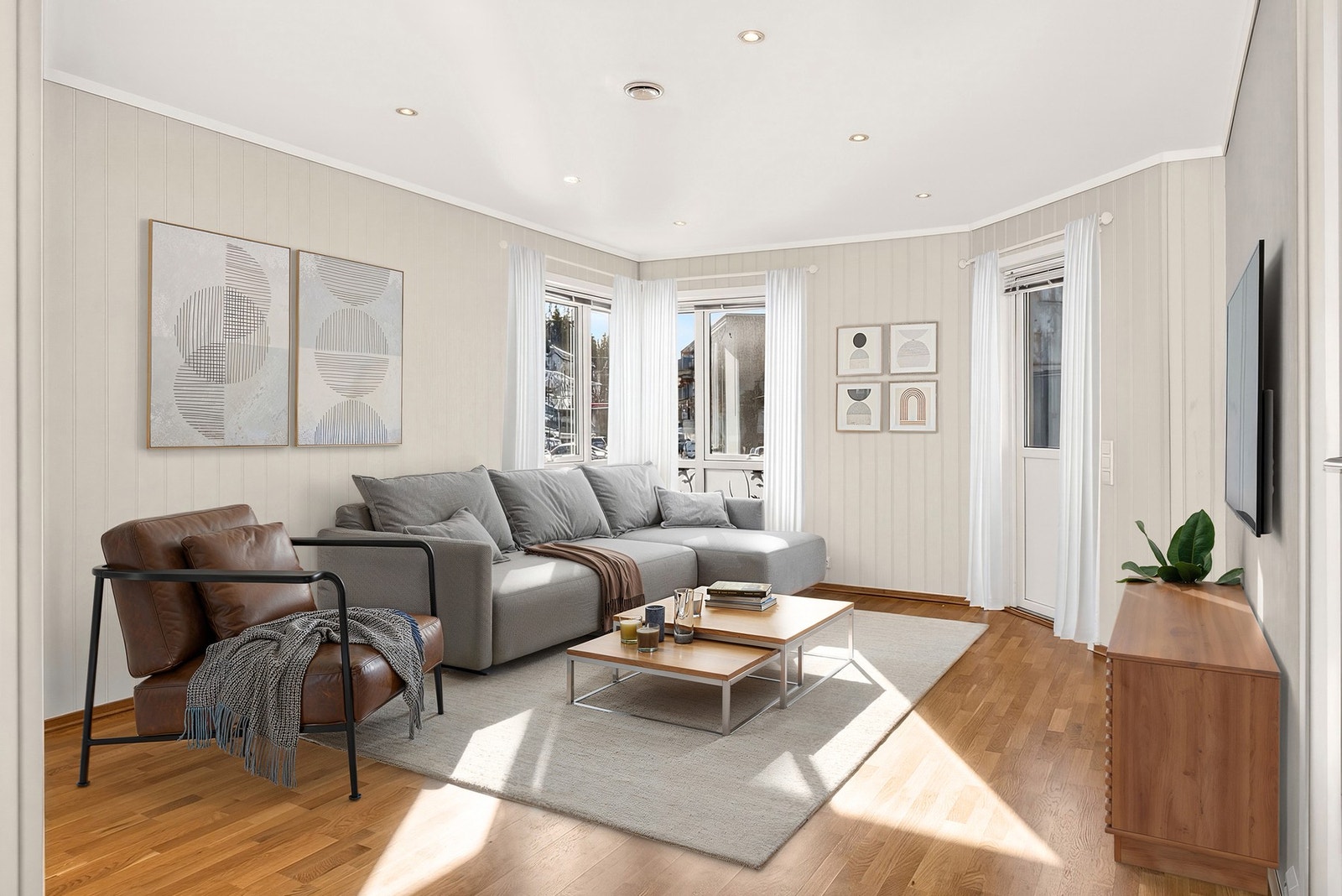 Lys og trivelig stue med downlights - Digitalt innredet bilde Galleribilde