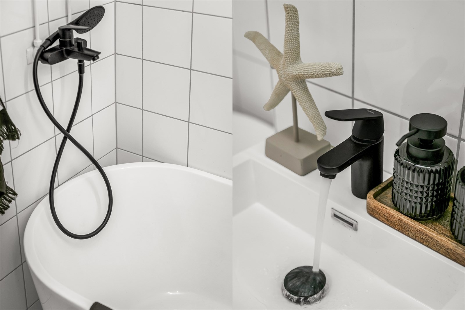 Badet er innredet med veggmontert toalett, badekar med dusjgarnityr, servant med tilhørende skap, speil og belysning. Galleribilde