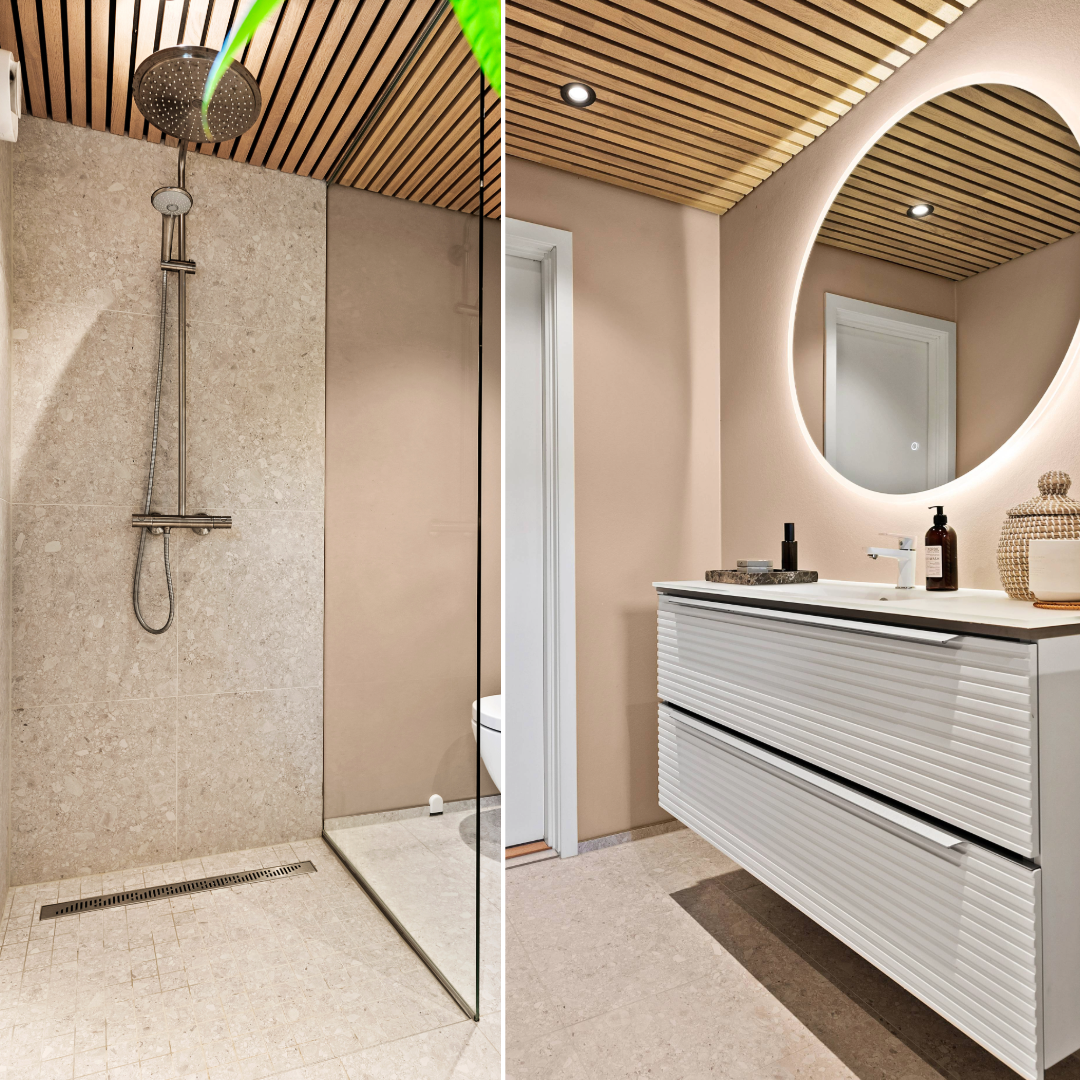Badet ble totalrenovert i 2021 med nytt rør- og el-anlegg, fliser og spiler i tak. Galleribilde