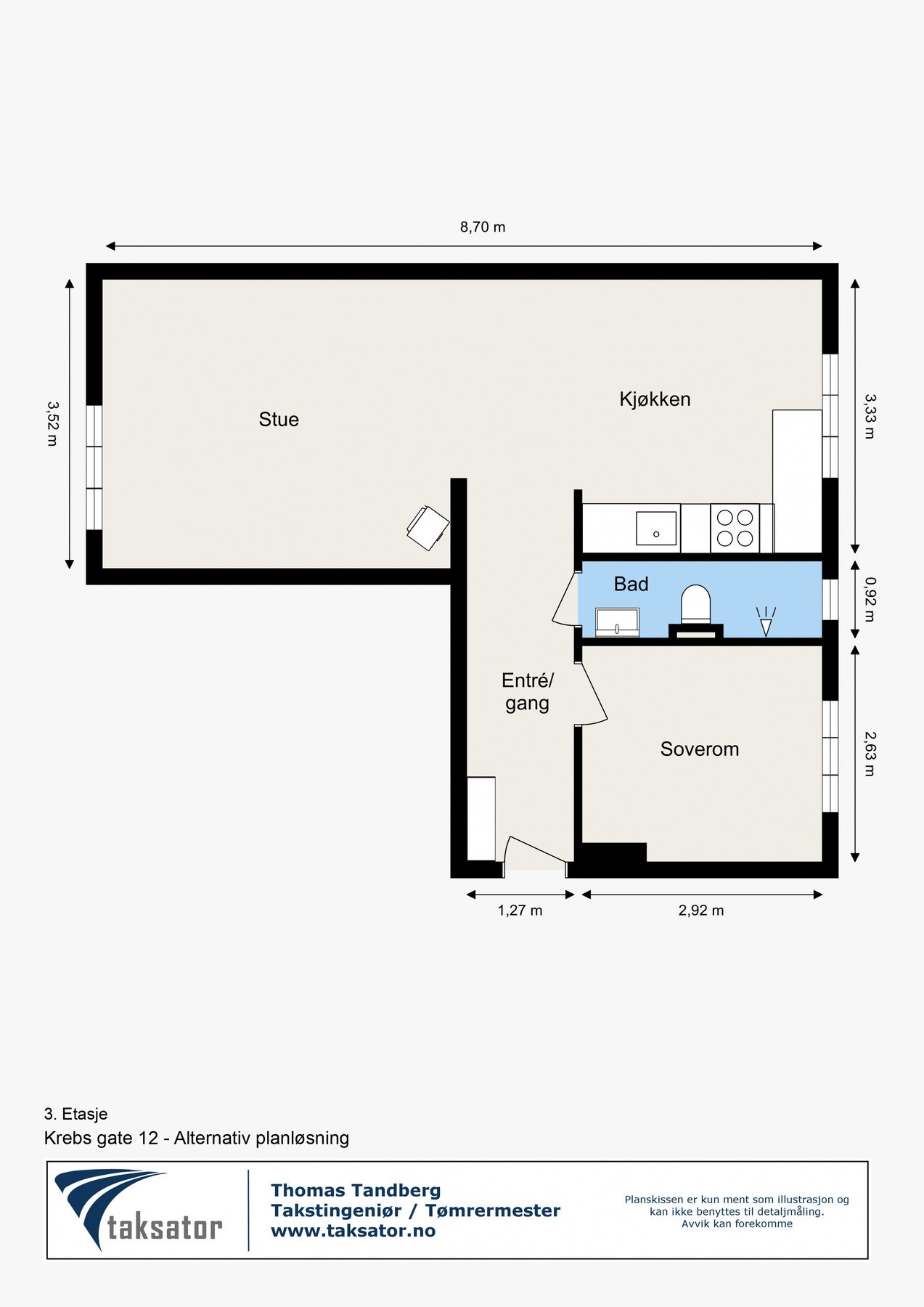 Alternativ planskisse med større stue, åpning fra entré og noe mindre soverom. Det er luftekanal i vegg mellom dusjrom og toalettrom. Eventuelle arbeider på bærevegger og brannskille (sluk) må omsøkes hos styret i borettslaget samt hos Plan- og bygningset Galleribilde