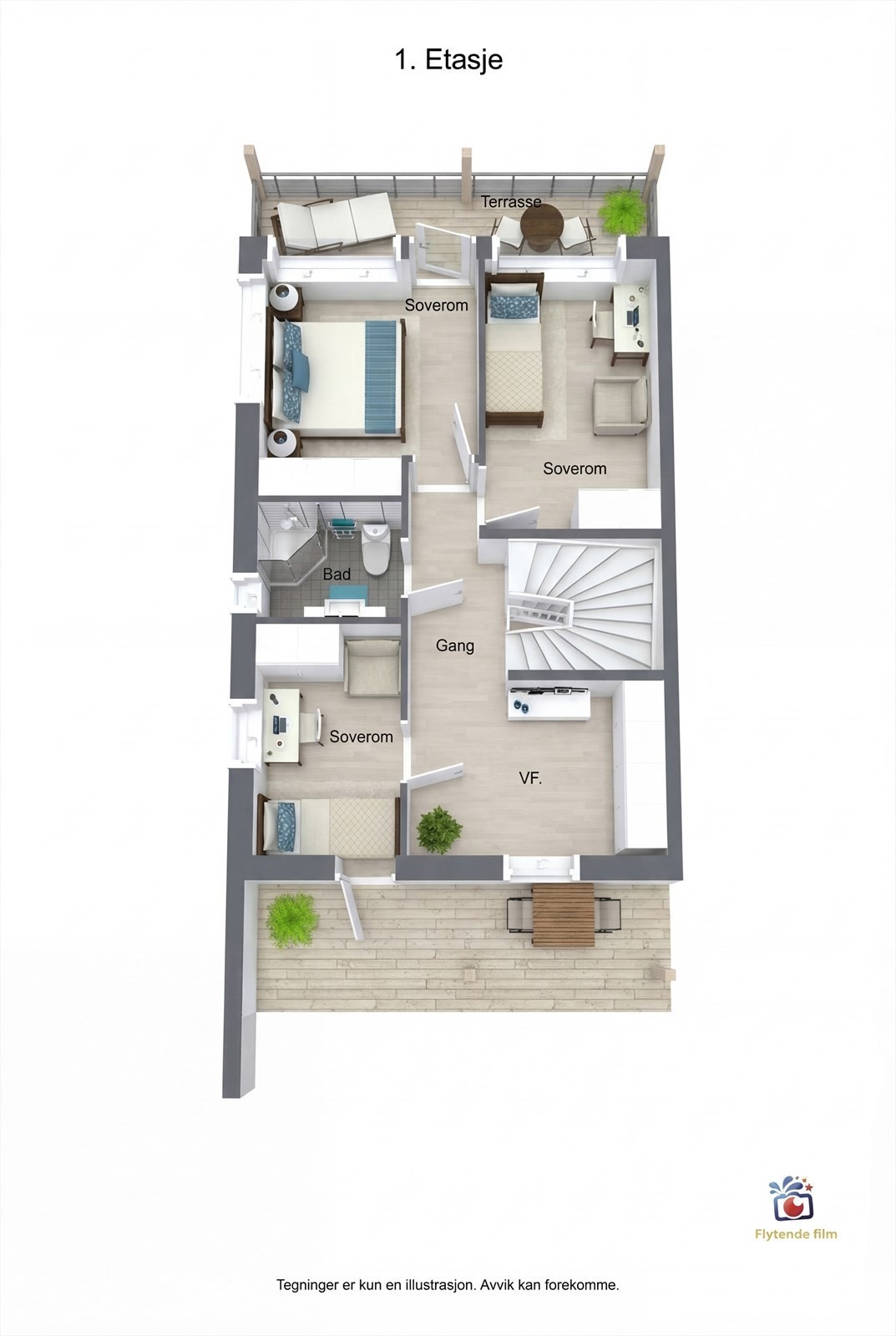 3D plantegning 1.etasje Galleribilde