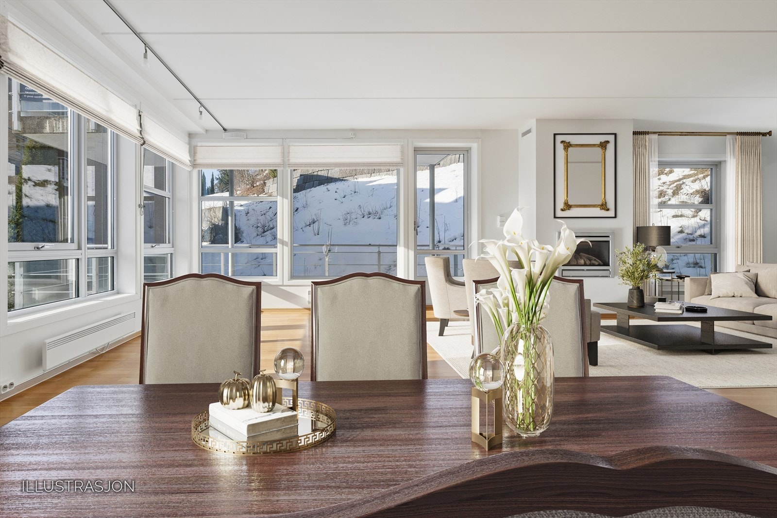 Her er det rikelig med plass for en stor spisestue, perfekt for sosiale sammenkomster. Digitalt møblert Galleribilde