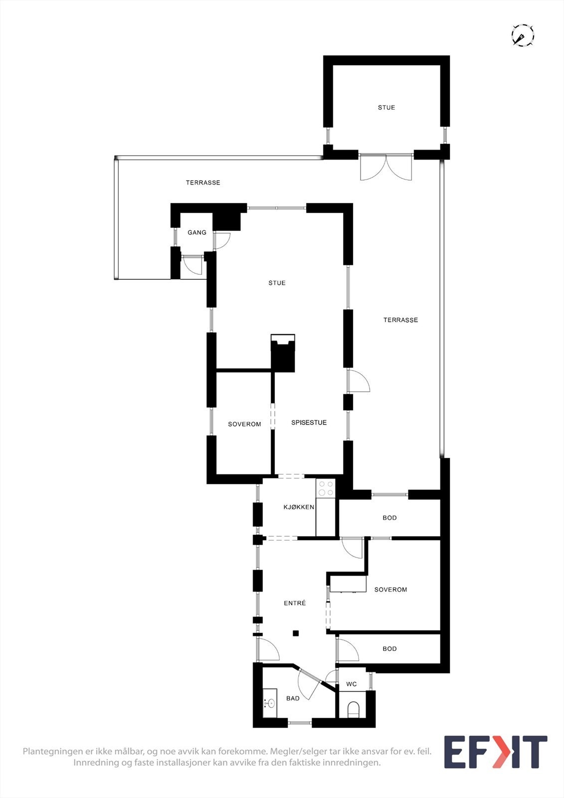 Planløsningen på 51 m² BRA-i fordeler seg over ett plan med stue, kjøkken, soverom, sovealkove og flere boder. Galleribilde