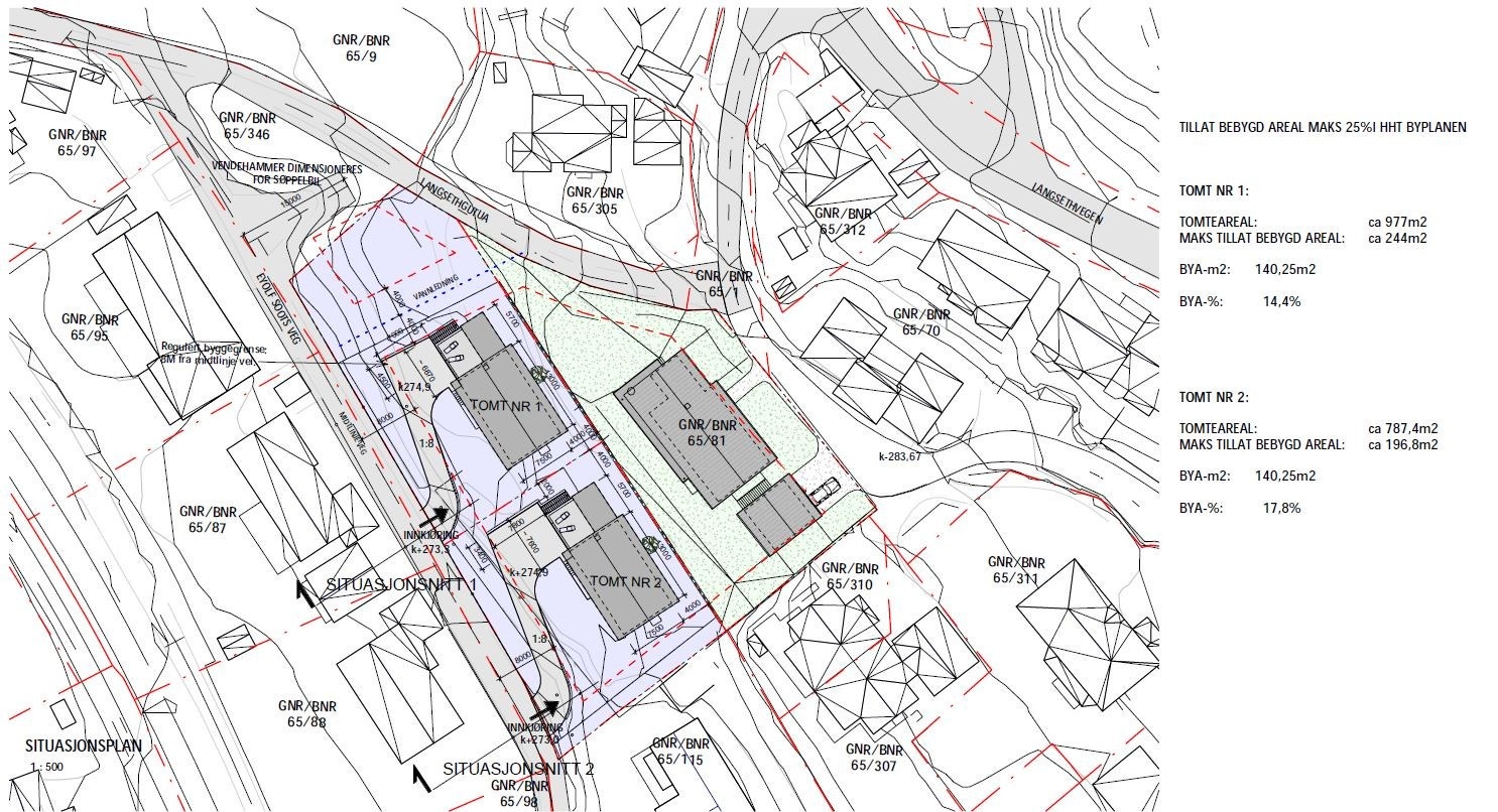 Situasjonsplan ihht godkjent rammetillatelse. Eiendommen er angitt som tomt 1. Galleribilde