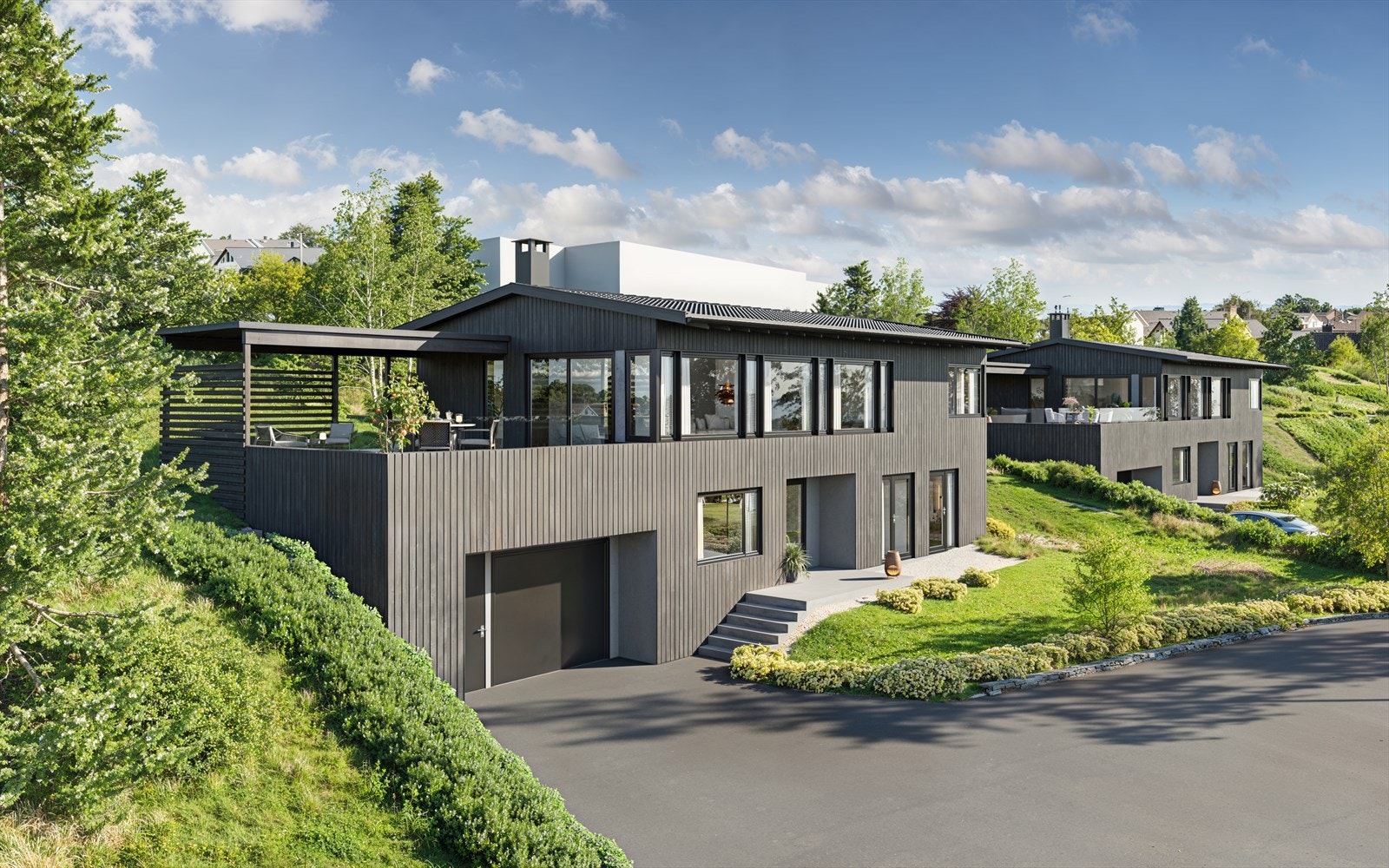 Illustrasjon av rammegodkjent enebolig med garasje. Galleribilde