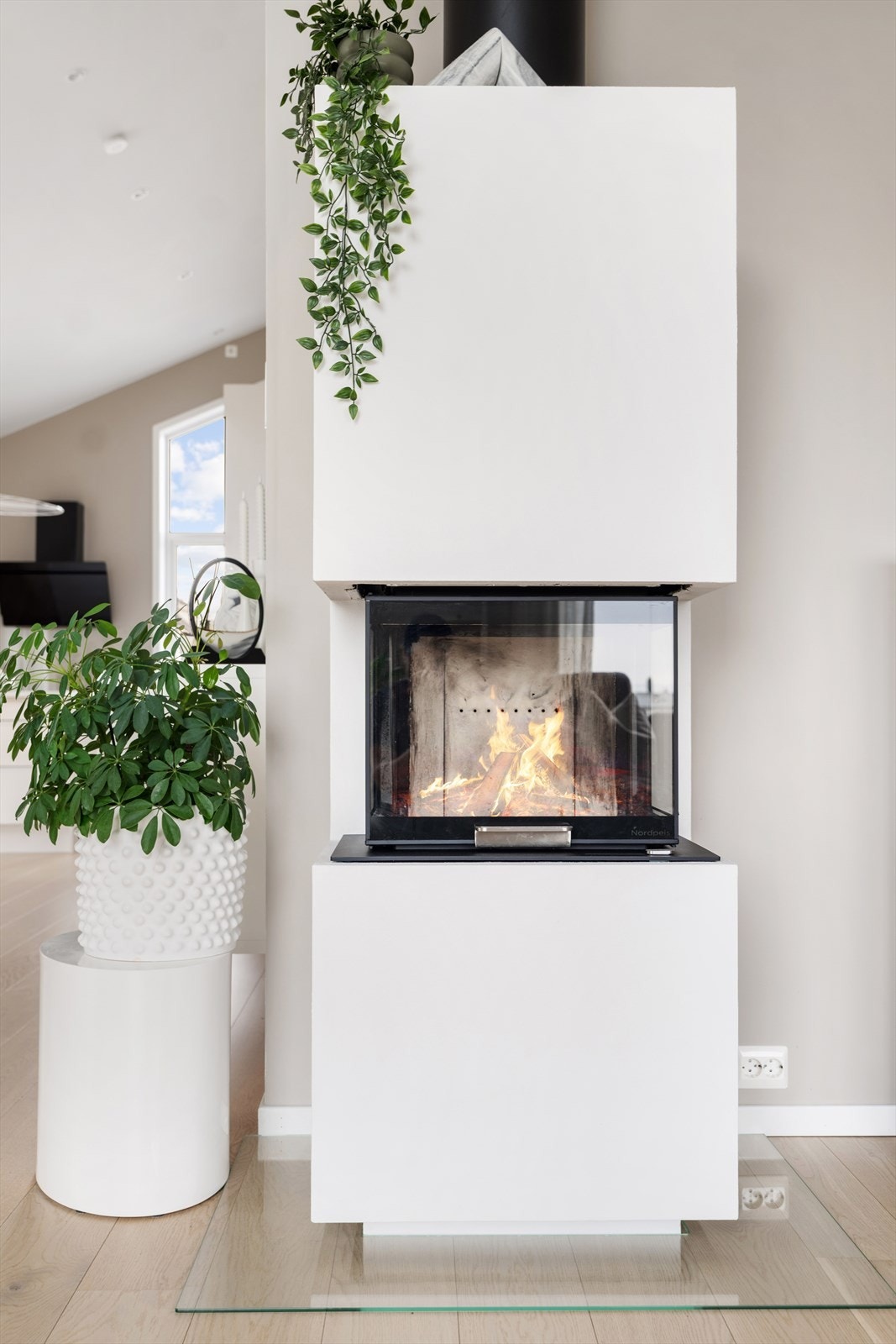 Lekker peisovn, med glassfelt som trekkes opp når man skal legge inn ved Galleribilde