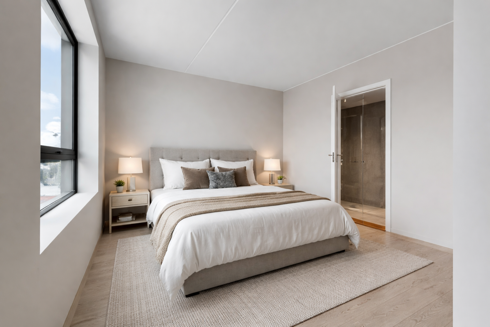 Romslig soverom med direkte inngang til bad. Bilde fra identisk leilighet i 1. etg. Galleribilde