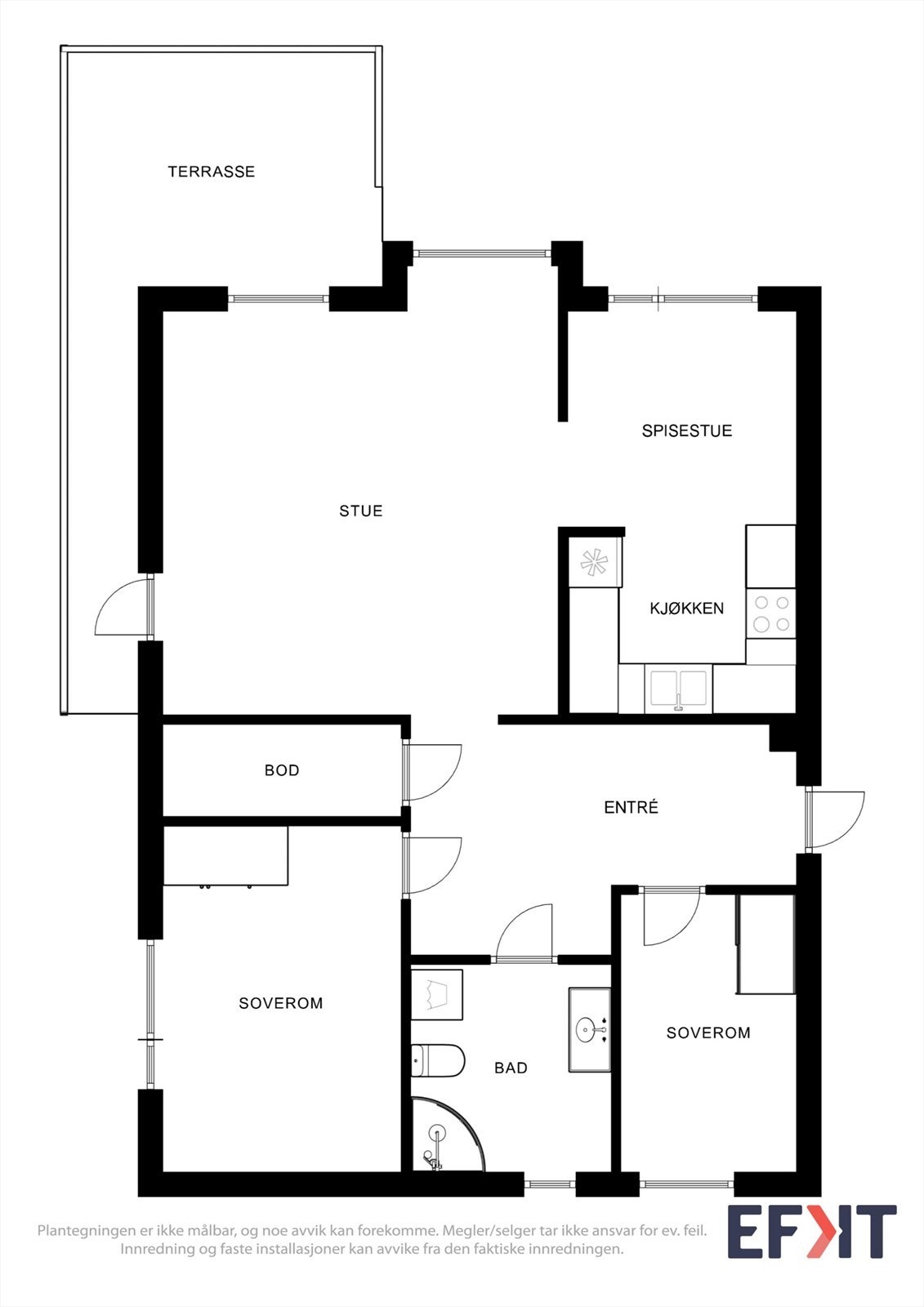 Leiligheten har en arealeffektiv planløsning på 78 m² med to soverom og en praktisk intern bod. Galleribilde