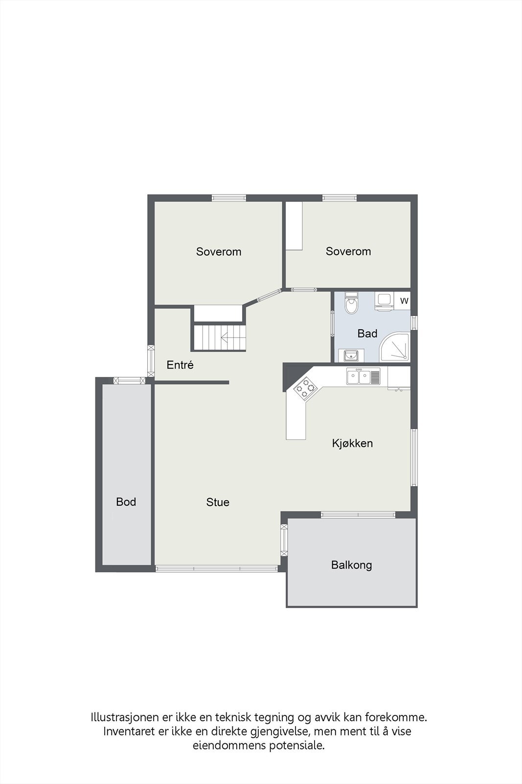 Hovedplanet på 67 m² har en effektiv planløsning med to soverom, bad og en åpen stue- og kjøkkenløsning. Galleribilde