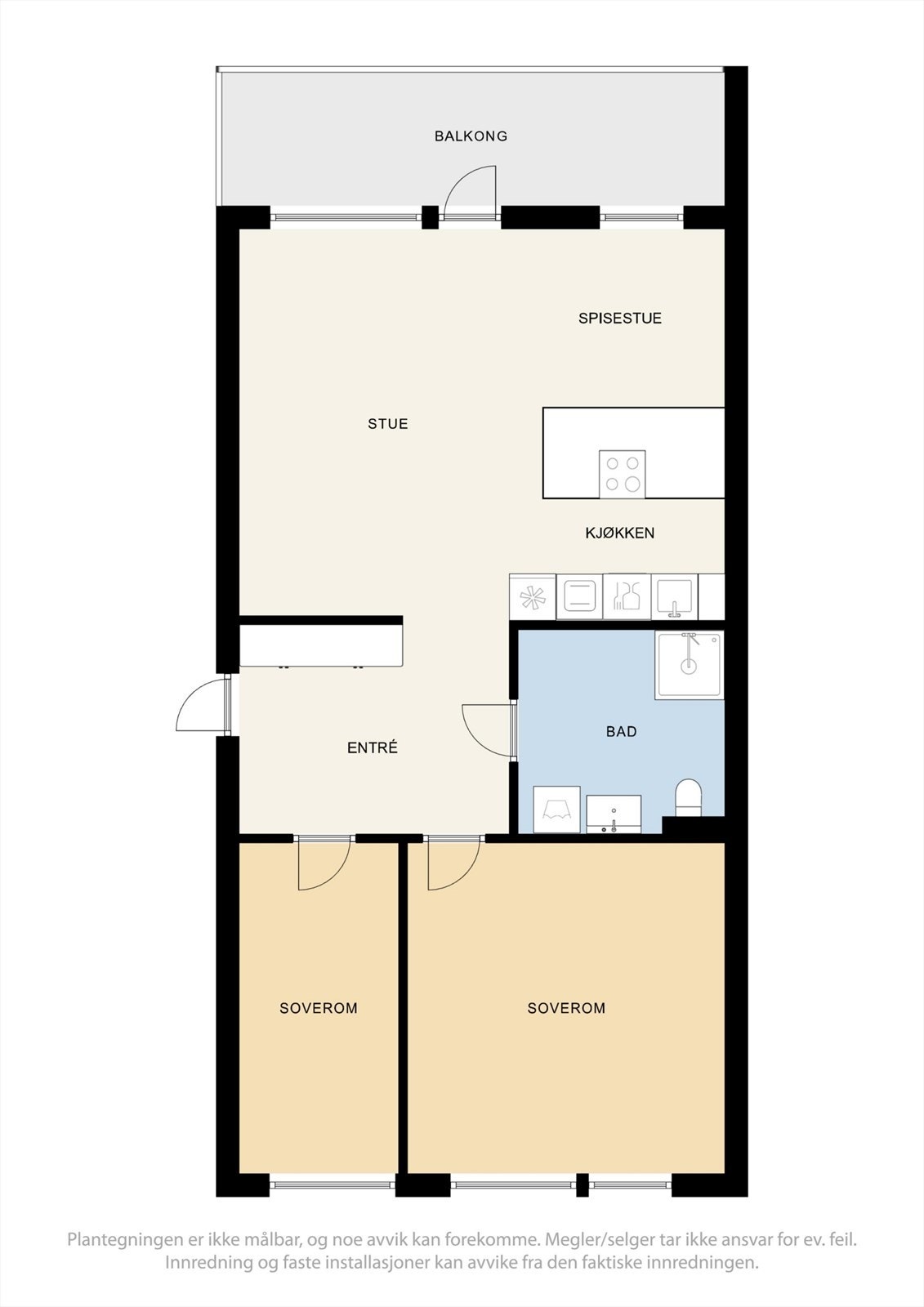 Leiligheten har en effektiv planløsning på 76 m² BRA, med to soverom, et stort bad og en åpen stue- og kjøkkenløsning. Galleribilde