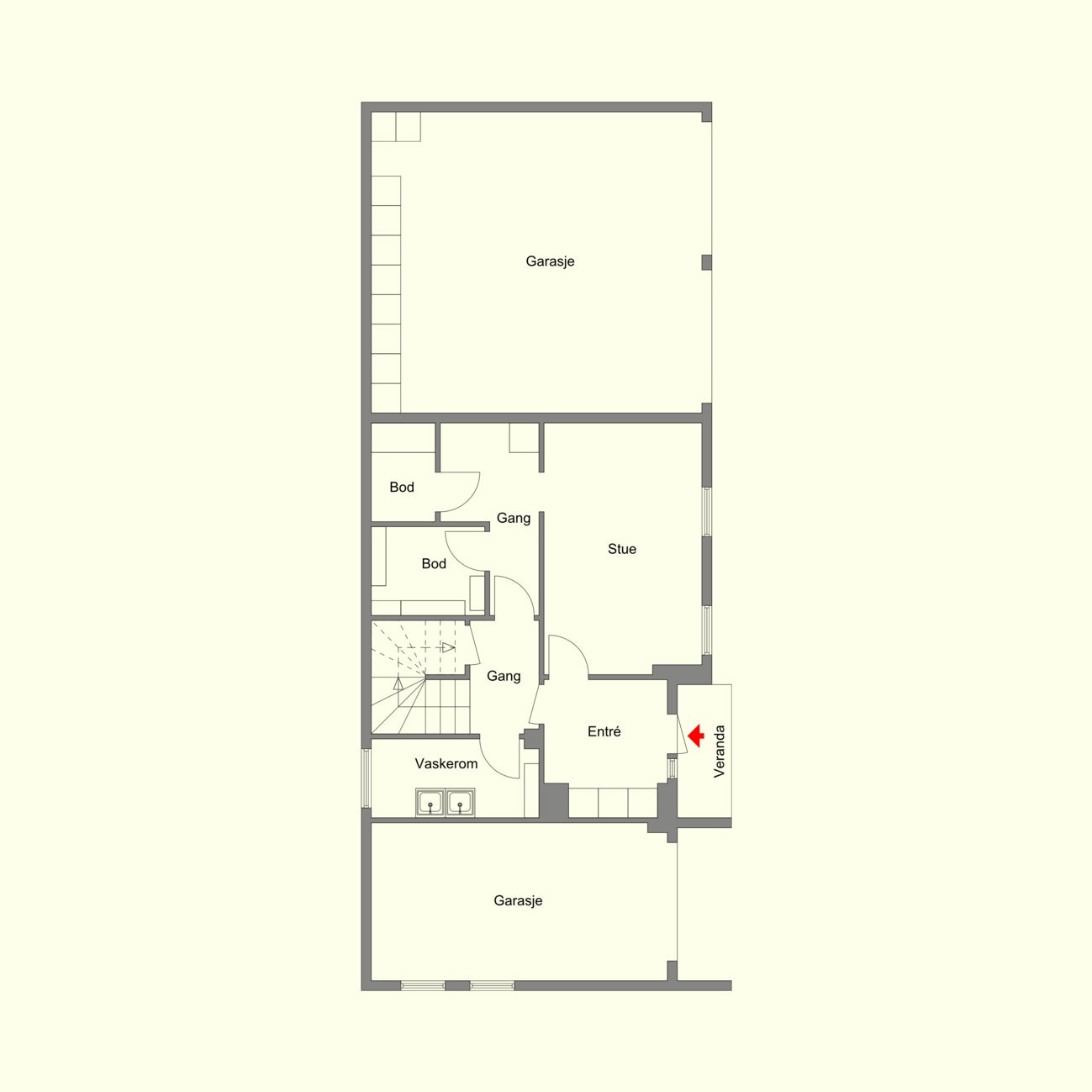 Videre ned til underetasjen ser dagens plan sånn ut. Galleribilde