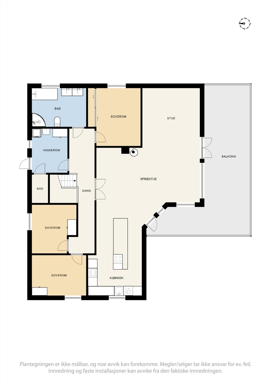 Første etasje har en sosial og åpen planløsning med tre soverom, bad og vaskerom samlet. Galleribilde