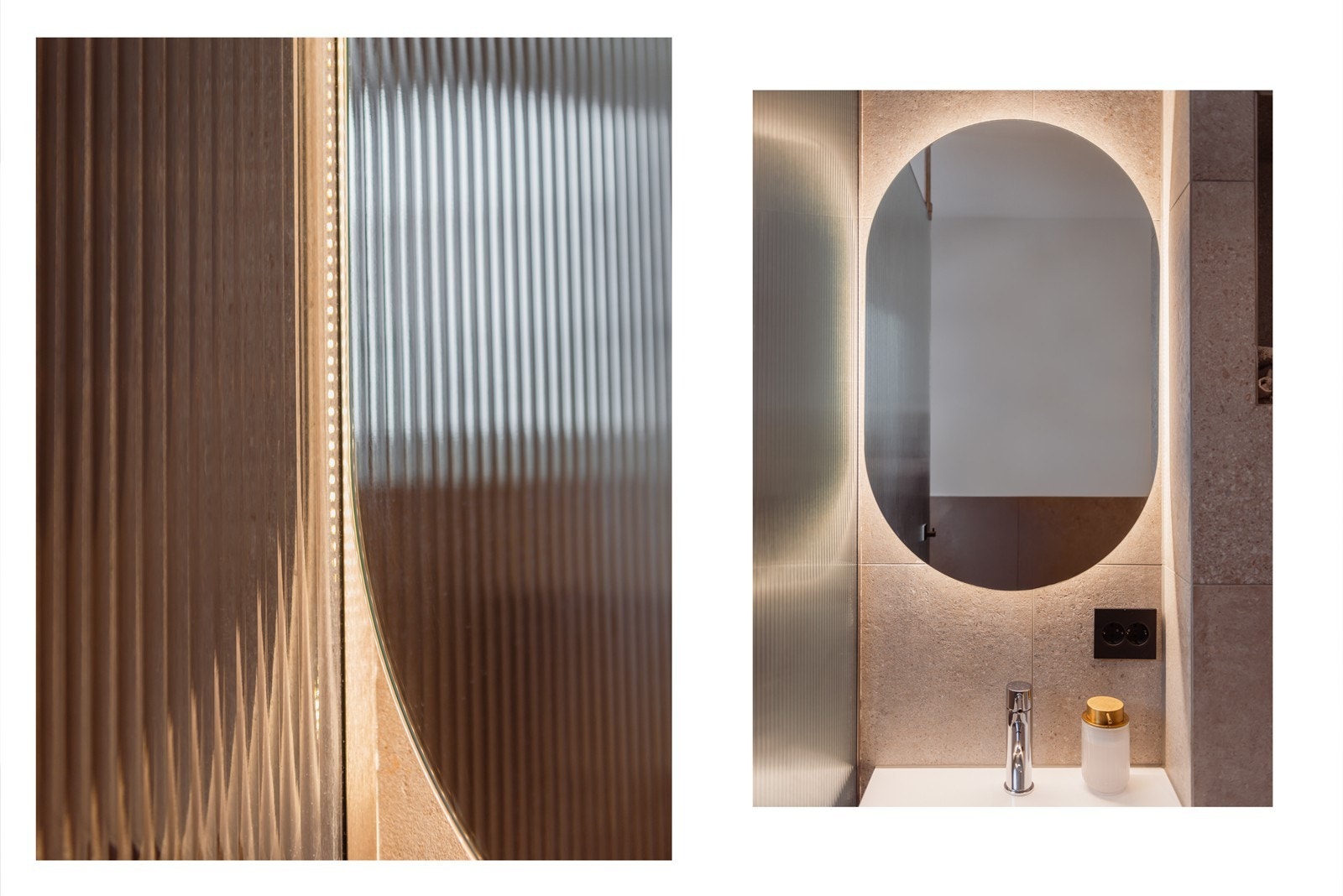 Dusjvegg i herdet glass og speil med belysning over servant Galleribilde