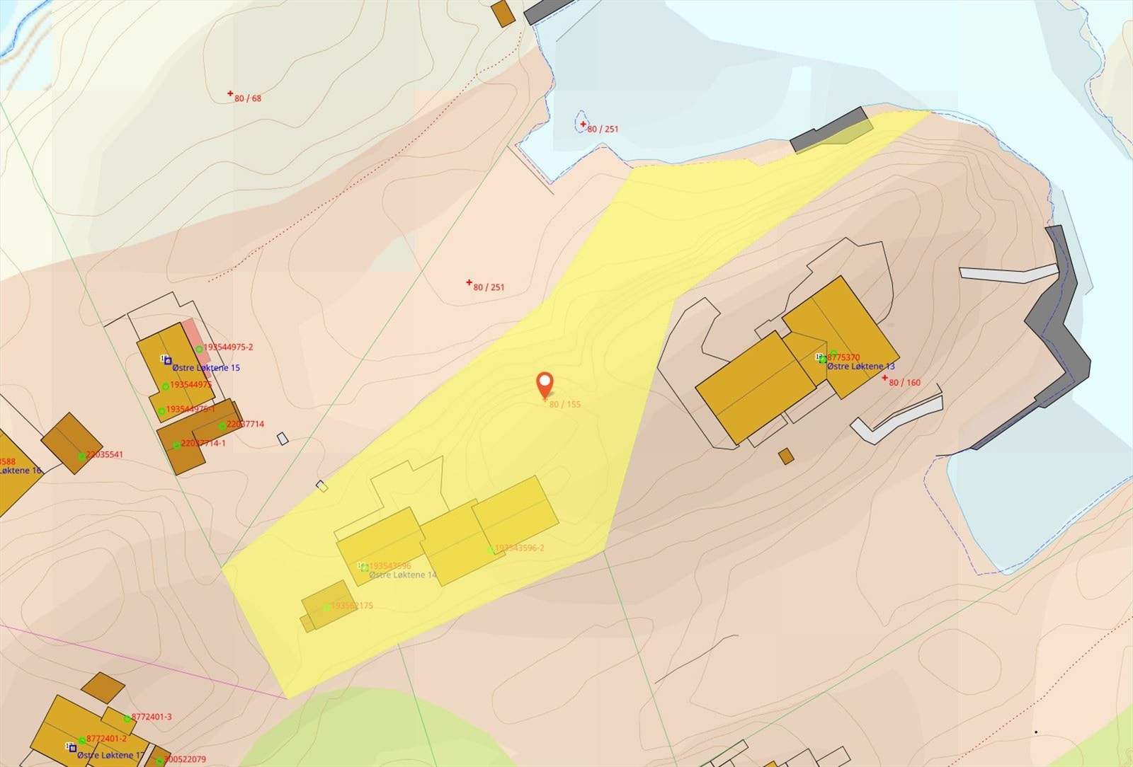 Kart tomtegrenser Østre Løktene 14 i gult Galleribilde