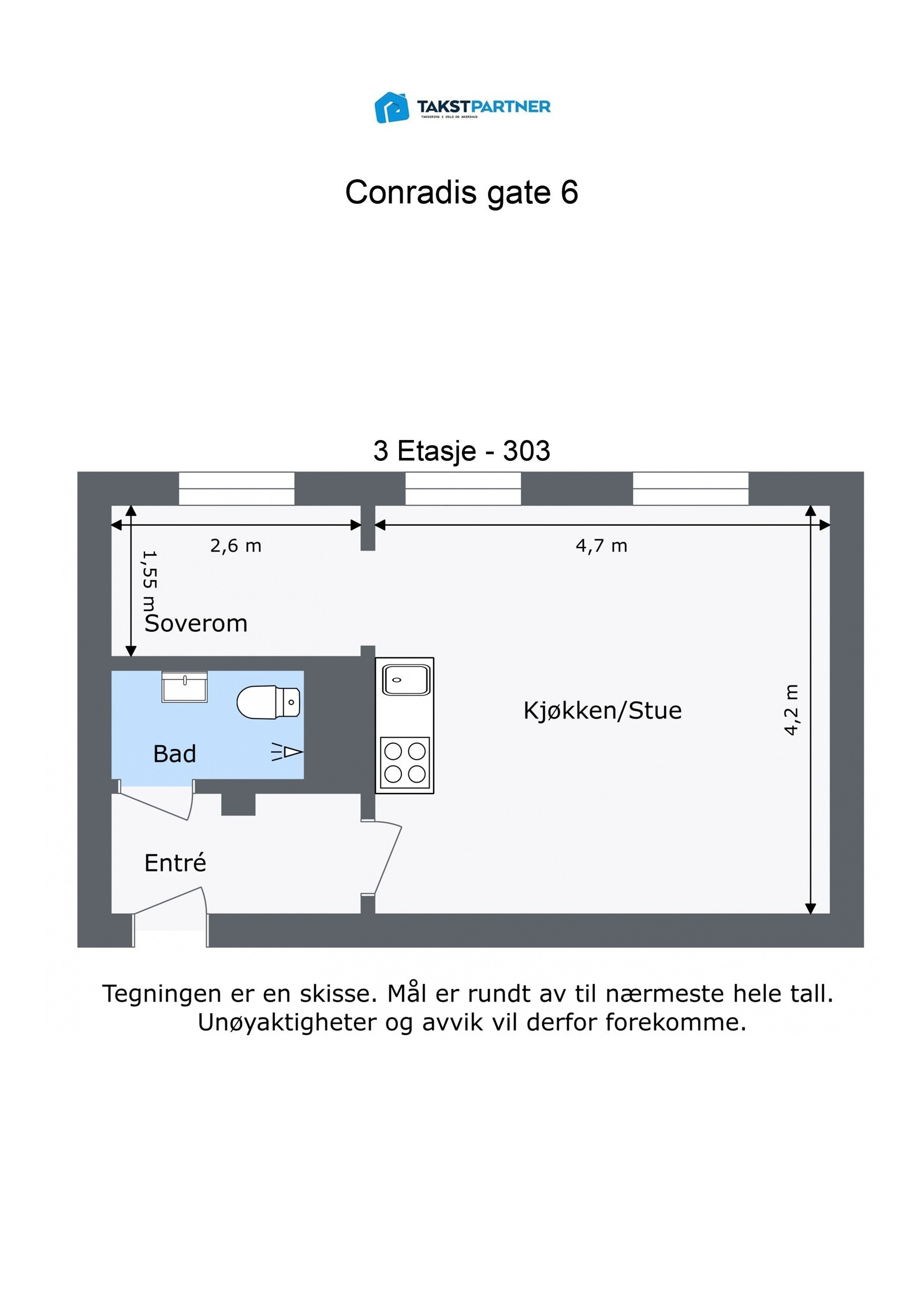 Plantegning 3. etasje. I tillegg disponerer leiligheten en loftsbod med gulvareal på ca. 2m². Galleribilde