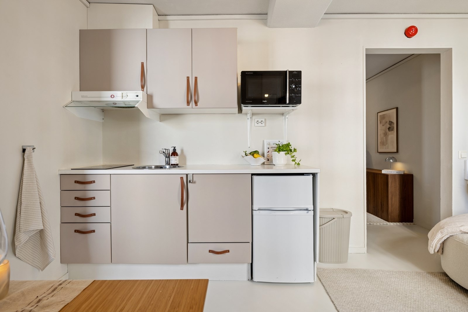 Kjøkkenet er utstyrt med blant annet stekeplate og kjøleskap med frys. Greit med oppbevaringsplass i skaper. Galleribilde