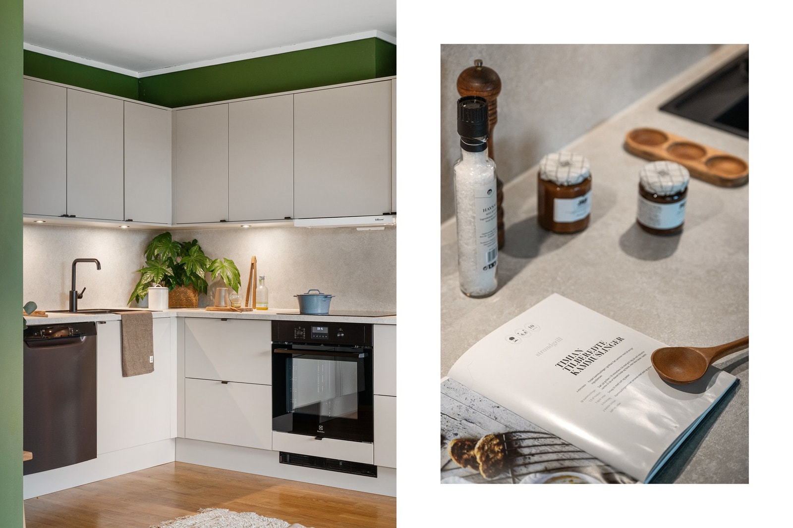 Innredningen består av slette fronter, laminat benkeplate, over benkeplaten er det benyttet laminatplate, oppvaskkum og ventilator. Galleribilde