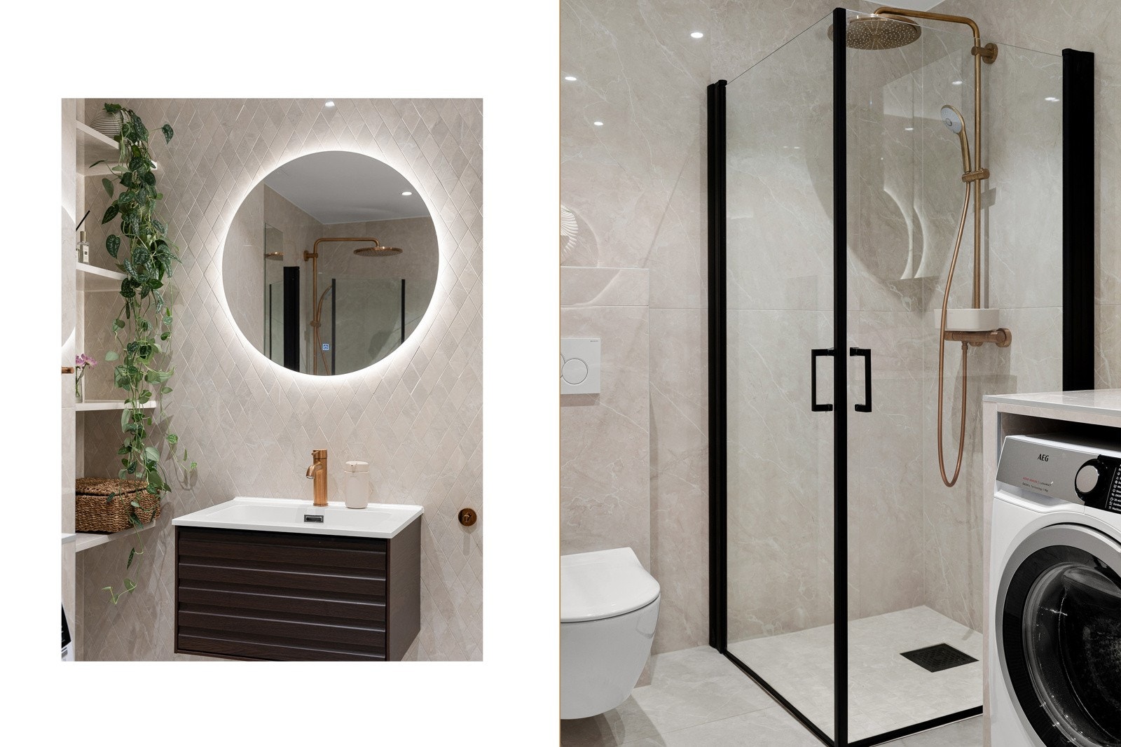 Svingbare dusjvegger og termostatstyrt dusjbatteri i børstet messing med både hånd- og regnfallsdusj Galleribilde