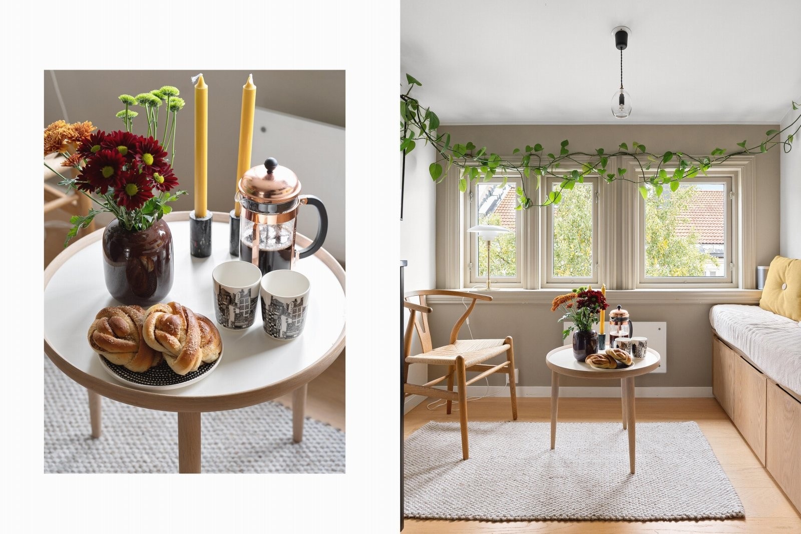 Hyggelig spiseplass med utsyn mot bakgård, som er pent opparbeidet med planter og trær Galleribilde