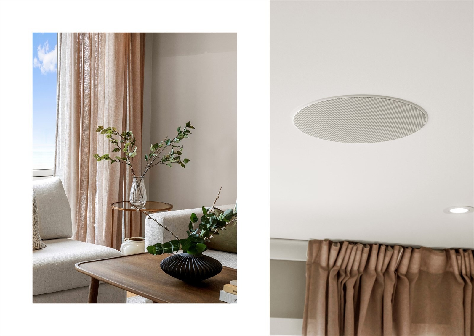 Det er 4 integrerte høyttalere i tak i åpen kjøkken/stue-løsning som styres via Sonos. Galleribilde