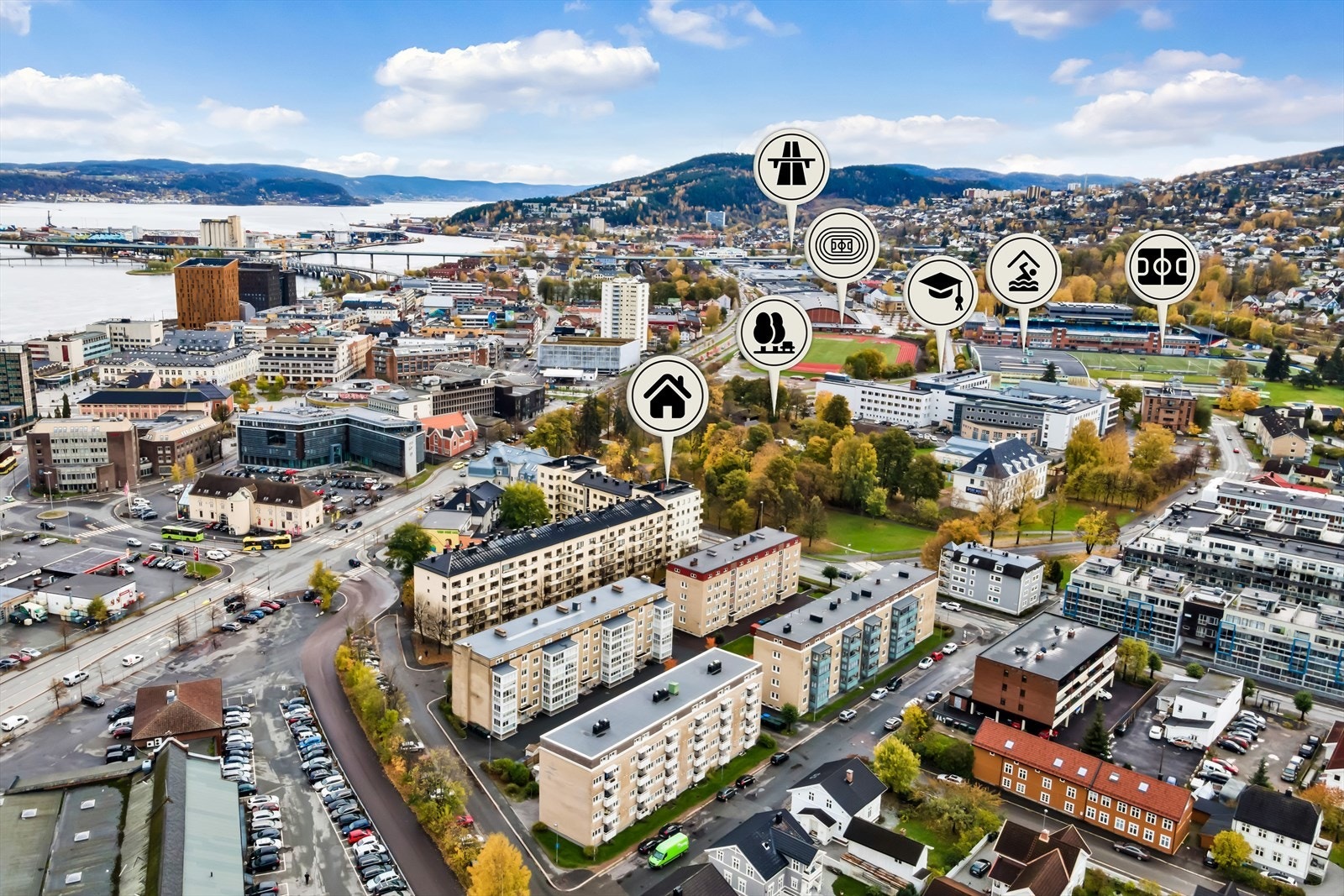 Fra leiligheten er det kort vei til treningssenter, Marienlyst med Drammenshallen, friidrettsbane, skøytebane på vinteren og Drammensbadet. Galleribilde