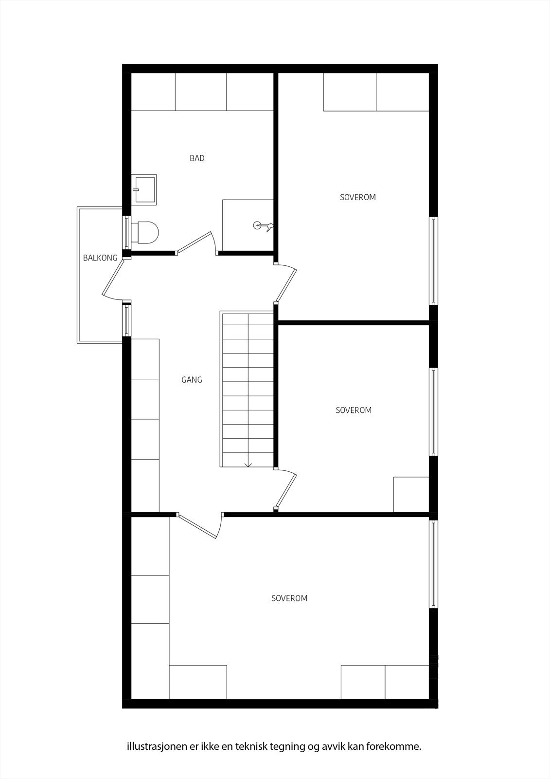 Oppe har du familiens etasje med 3 soverom og bad. I alt 4 soverom i huset, evt mulighet for flere med arbeidsrom/tv-stue/kontor. Galleribilde