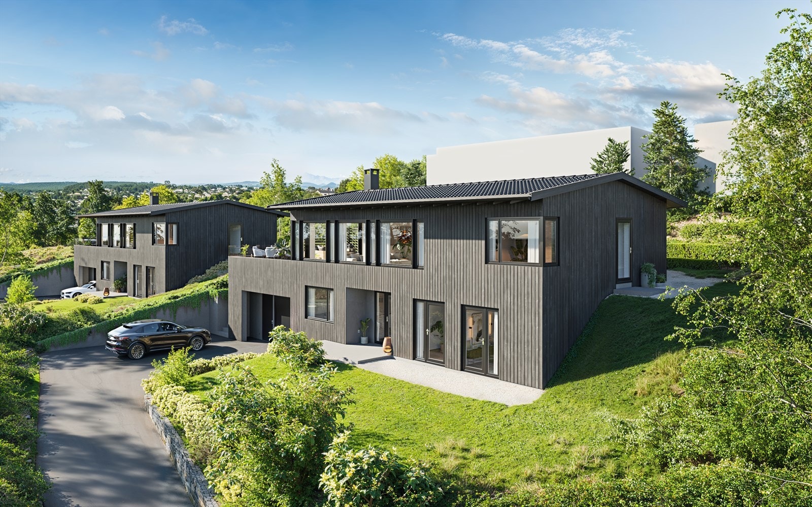 Illustrasjon av rammegodkjent enebolig med garasje. Galleribilde