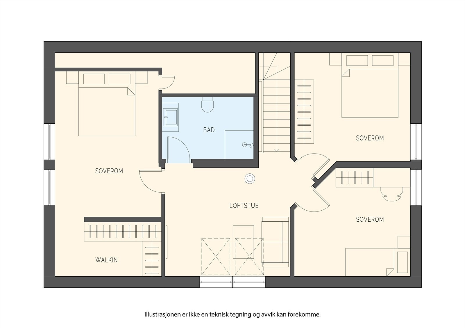 Andre etasje inneholder loftstue, tre soverom, walk-in-garderobe og bad. Galleribilde