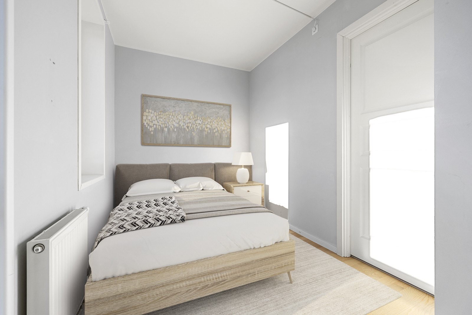 Soverom II kan benyttes alt etter behov og vil fint fungere som både barne-, gjesterom, kontor eller lignende. Bildet er digitalt stylet. Galleribilde