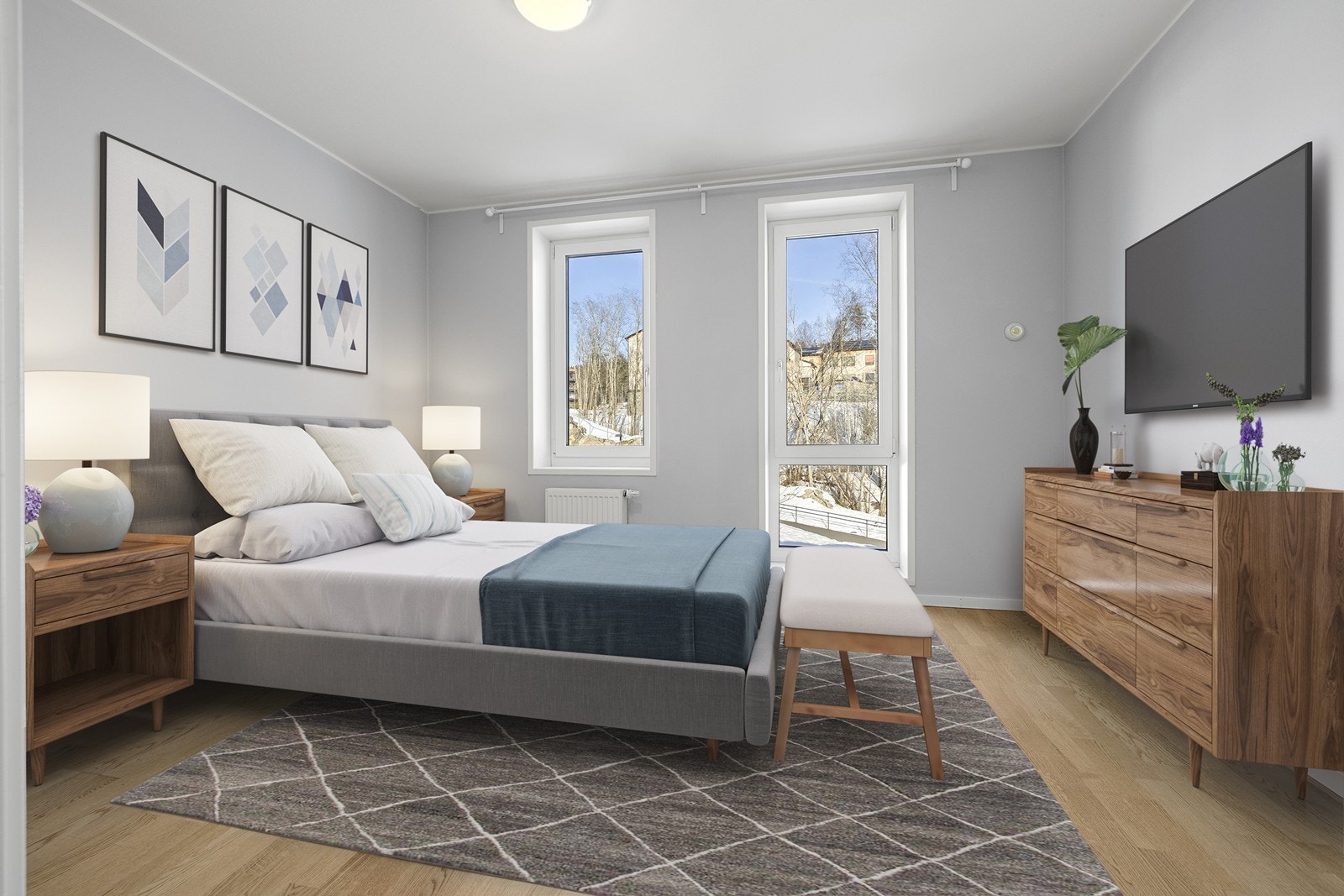 To soverom som begge framstår lyse med store vindusflater. Bildet er digitalt stylet. Galleribilde