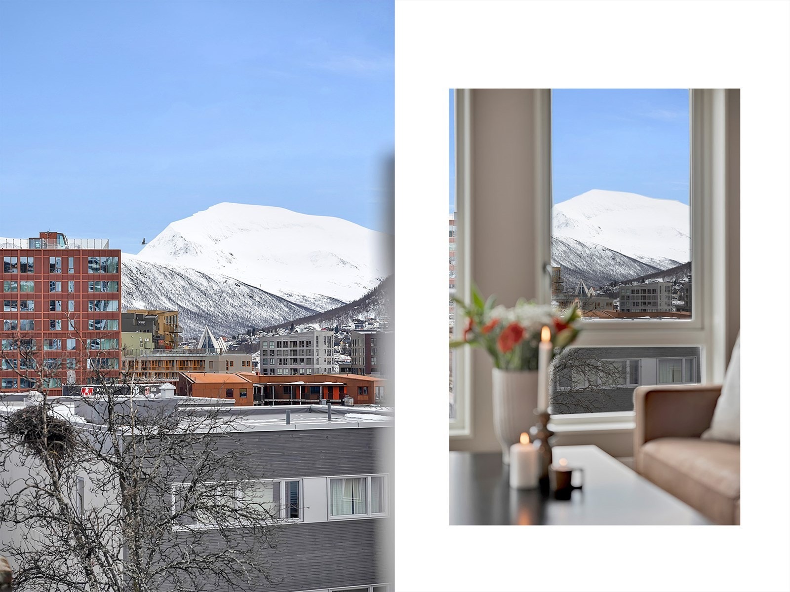 Leiligheten har flott utsikt mot Tromsdalstinden, Fjellheisen og Fløya på fastlandet Galleribilde