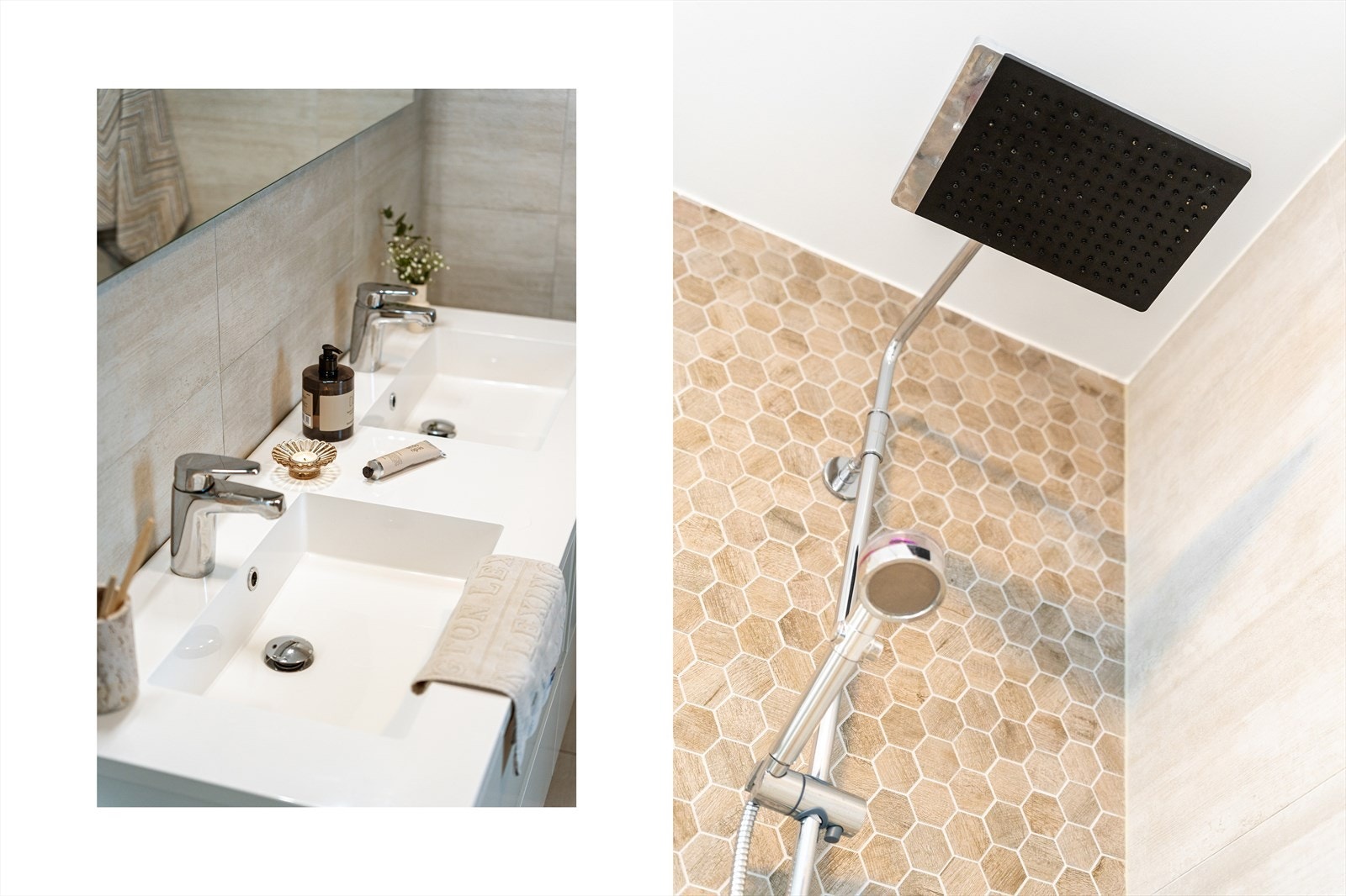 Rommet har innredning med to servanter, veggmontert toalett og dusjvegger/hjørne. Galleribilde