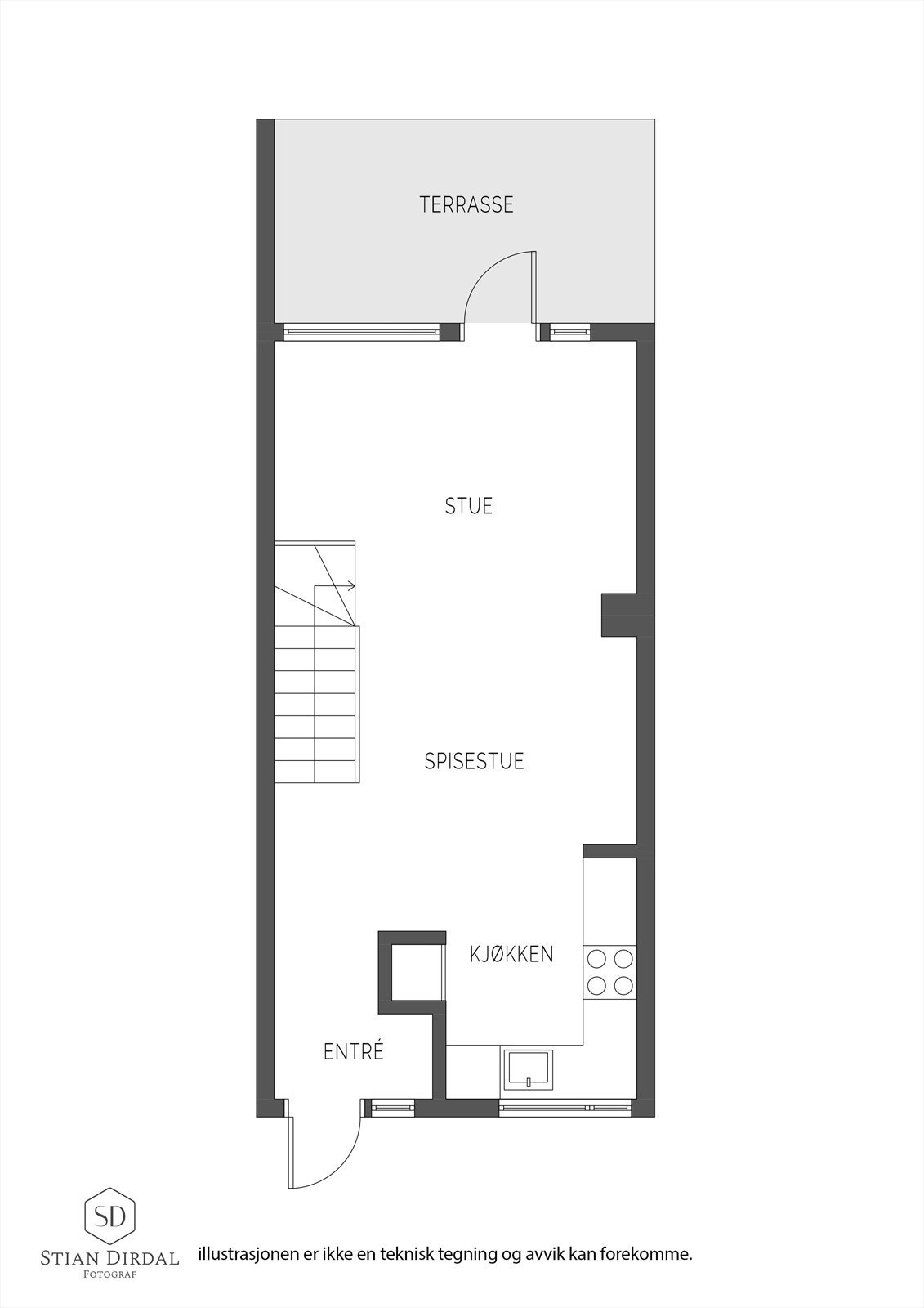 Første etasje har en sosial og åpen planløsning mellom stue og kjøkken, med direkte utgang til terrassen. Galleribilde