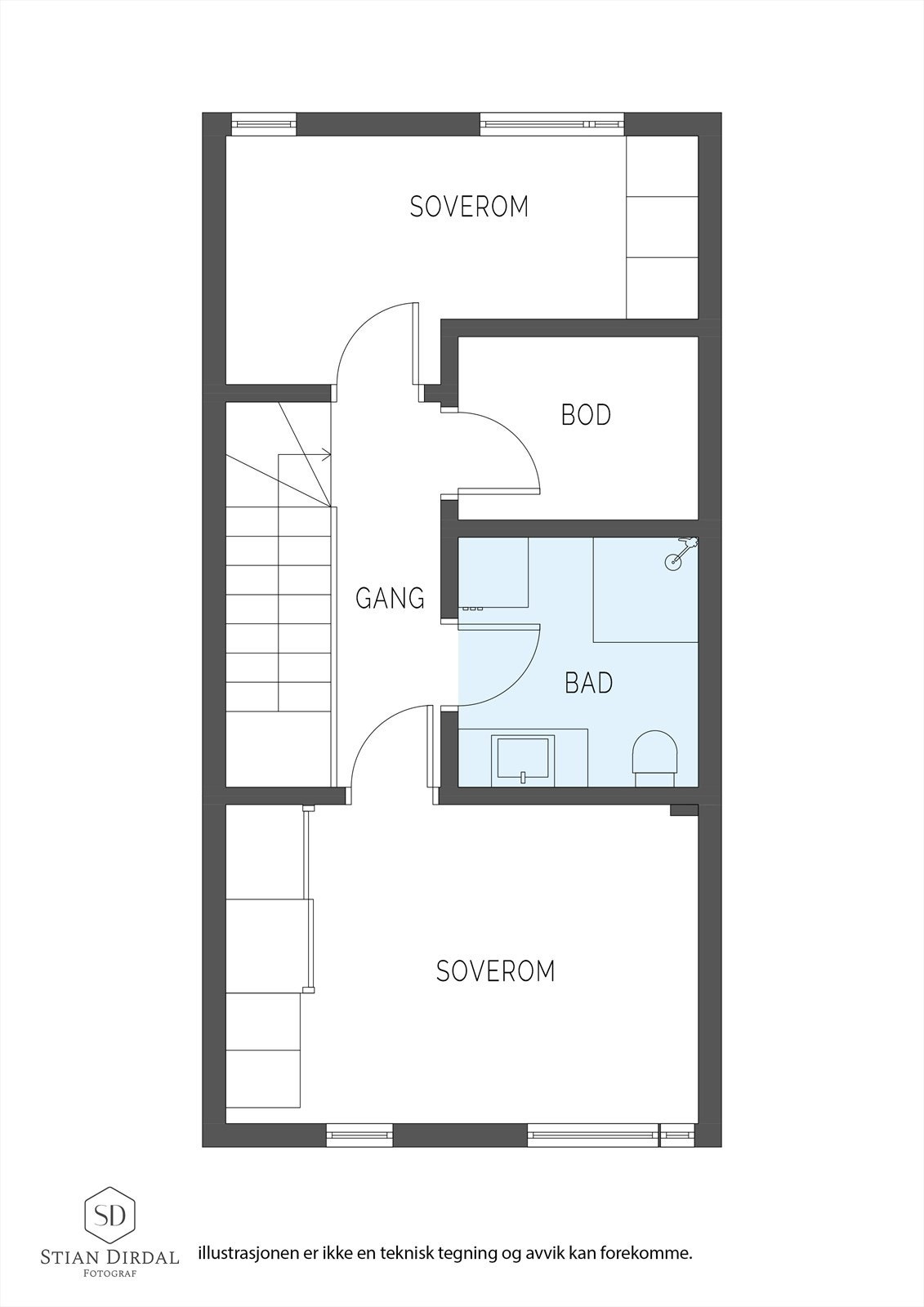 Andre etasje inneholder to soverom, bad og en praktisk innvendig bod. Galleribilde