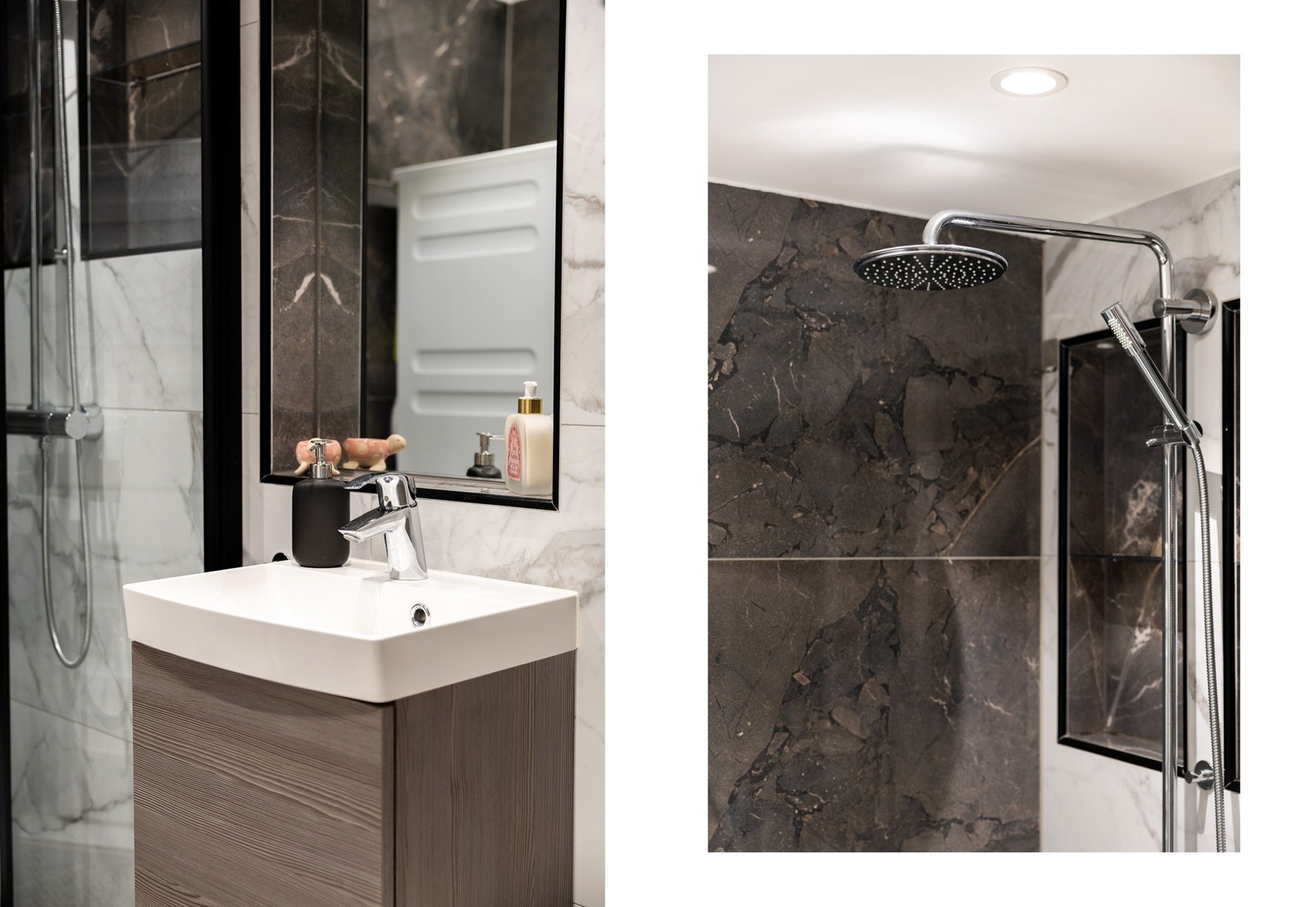 Badet er innredet med vegghengt servantinnredning, ovenpåliggende servant med armatur, speilskap med overlys, vegghengt toalett, dusjhjørne med dører og vegghengt dusjarmatur (hånddusj og regndusj). Galleribilde