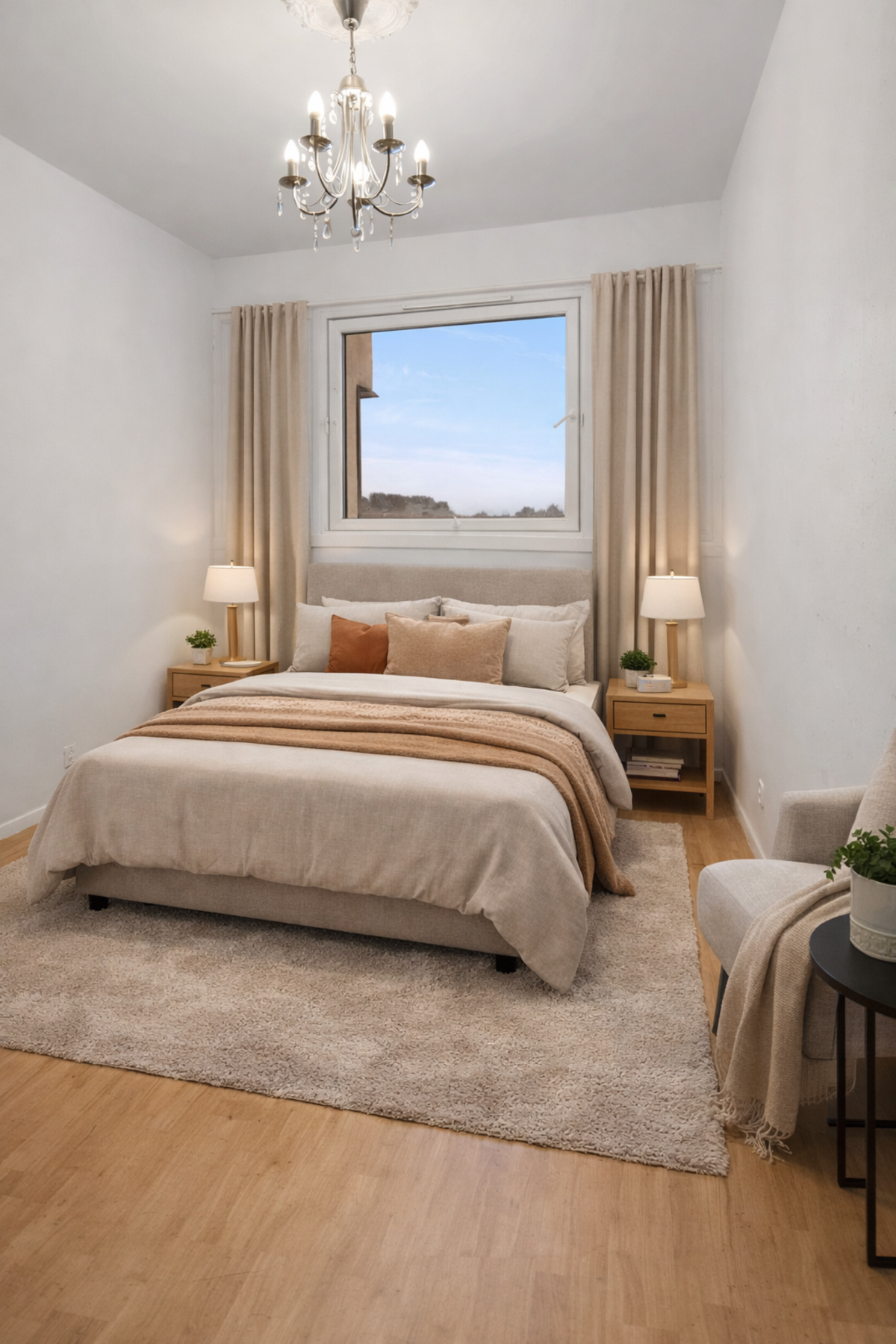 Boligen har et romslig, nymalt soverom med god plass til både dobbeltseng og nattbord. (Bildet er digitalt stylet.) Galleribilde