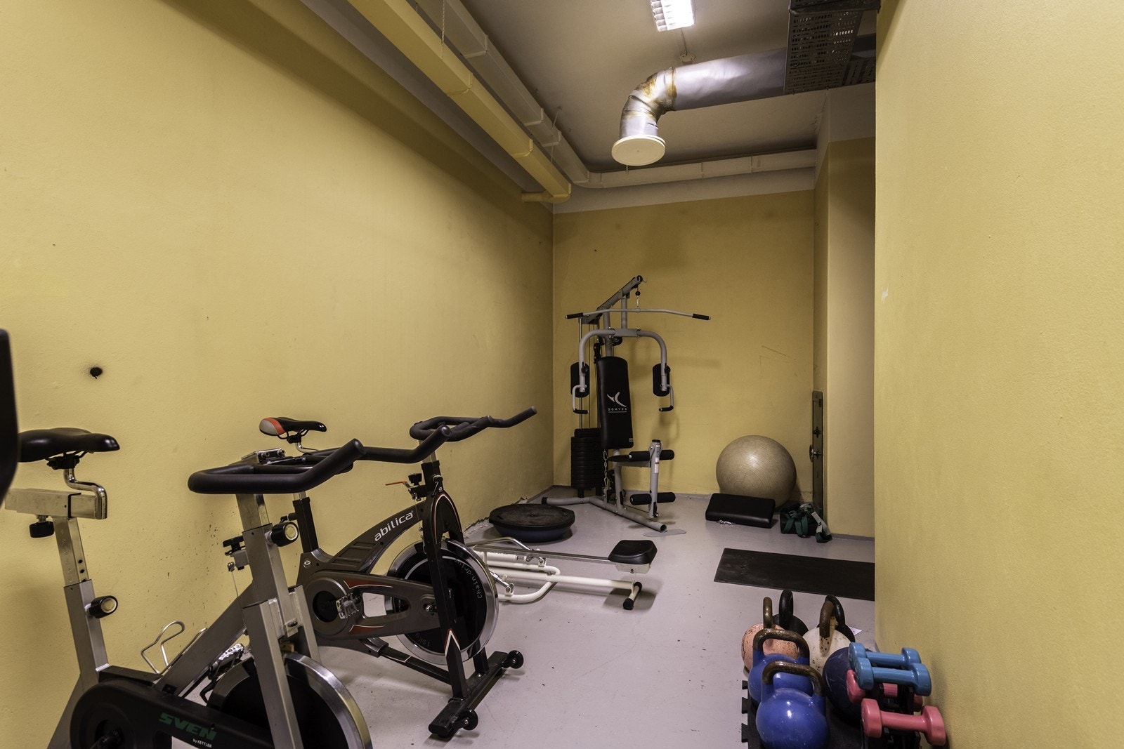 Felles treningsrom som er utstyrt med sykkel, vekter og treningsapparater. Galleribilde
